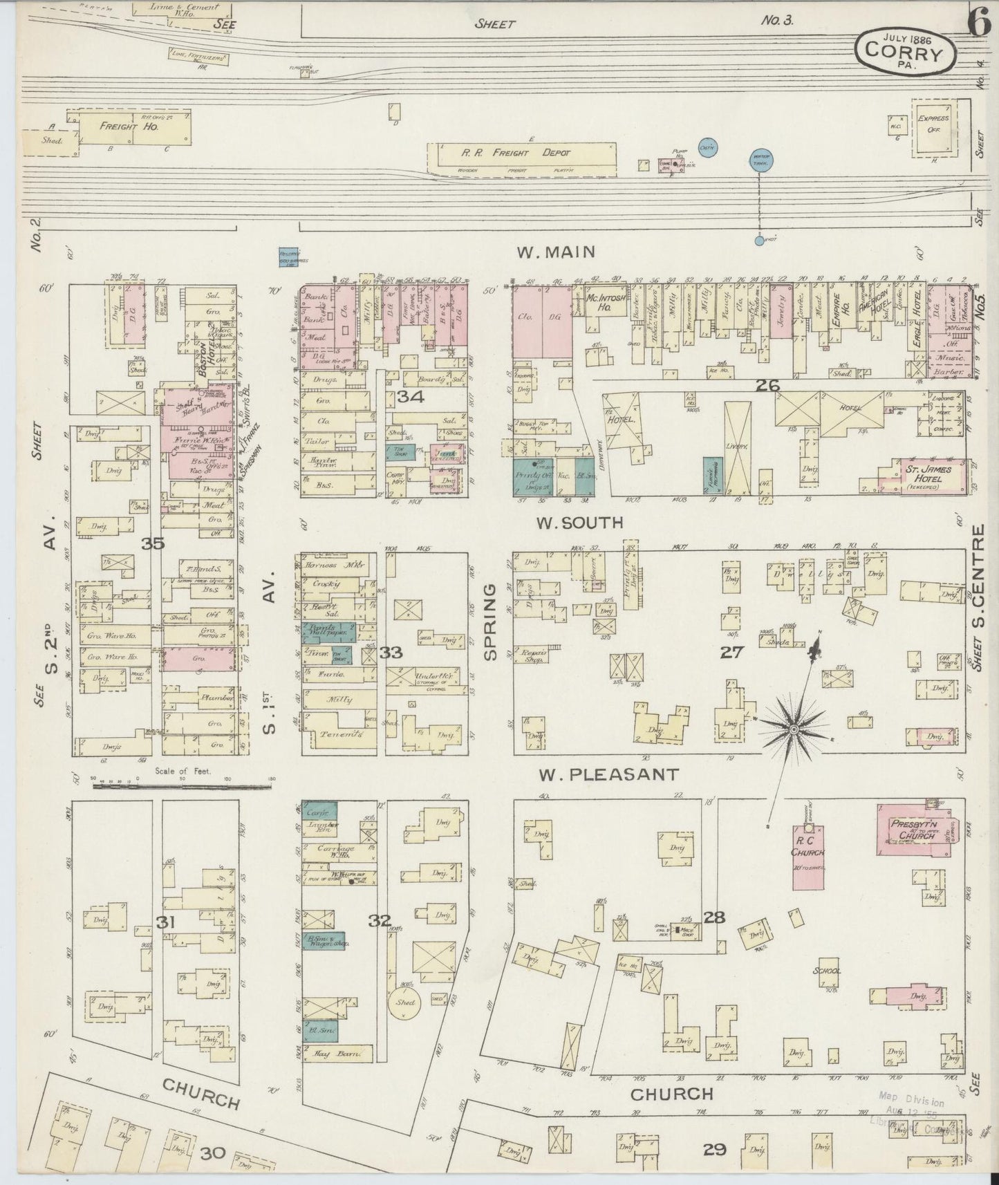 Sanborn Fire Insurance Map from Corry, Erie County, Pennsylvania (1886), Sheet #0006 - Historic Sanborn Fire Insurance Map Print, vintage old map wall art, antique decor, genealogy gift, Pennsylvania Pennsylvania map