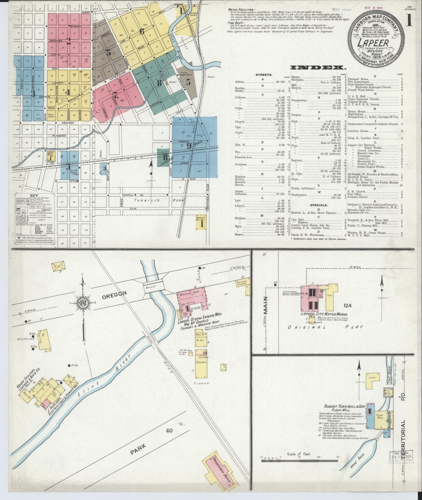 Sanborn Fire Insurance Map from Lapeer, Lapeer County, Michigan (1909), Sheet #0001 - Complete Map Set gallery image, historic Sanborn map, vintage wall art, Michigan Michigan