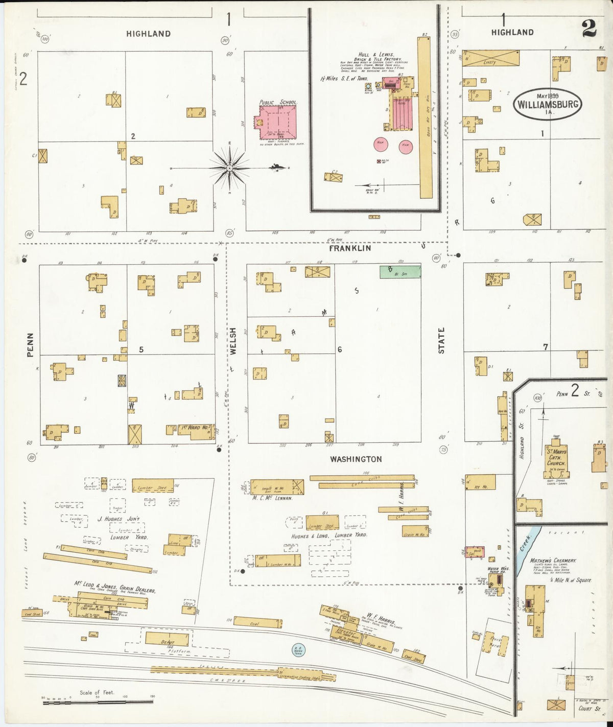 Sanborn Fire Insurance Map from Williamsburg, Iowa County, Iowa (1899), Sheet #0002 - Historic Sanborn Fire Insurance Map Print, vintage old map wall art