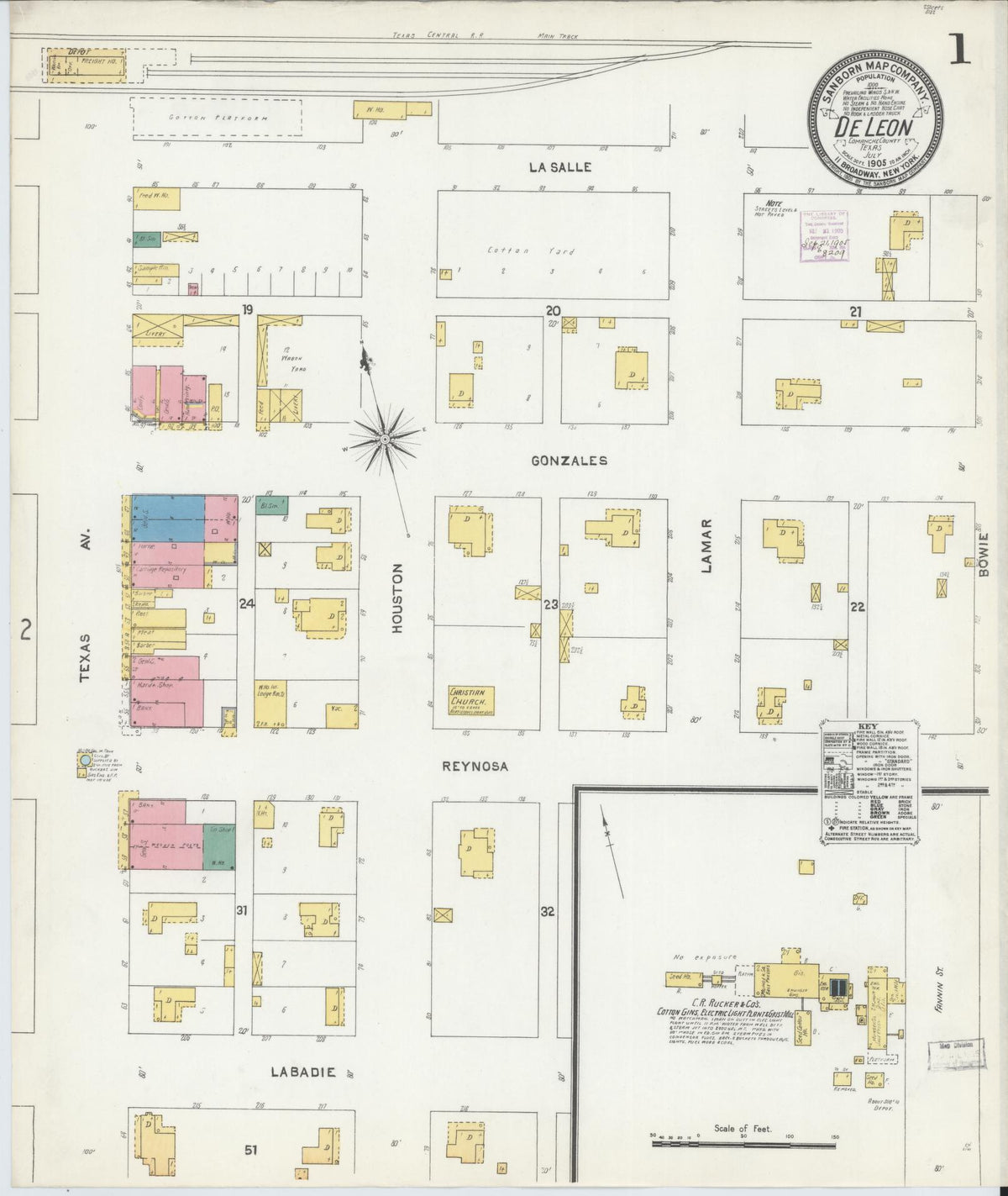 Sanborn Fire Insurance Map from De Leon, Comanche County, Texas (1905), Sheet #0001 - Historic Sanborn Fire Insurance Map Print, vintage old map wall art, antique decor, genealogy gift, Texas Texas map