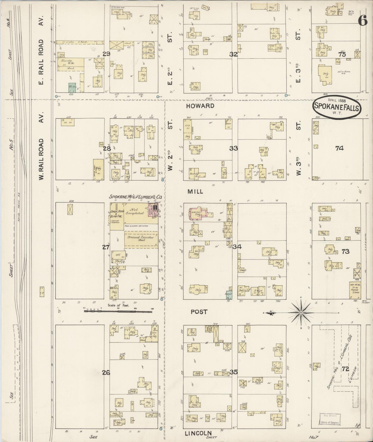 Sanborn Fire Insurance Map from Spokane, Spokane County, Washington (1888), Sheet #0006 - Historic Sanborn Fire Insurance Map Print, vintage old map wall art, antique decor, genealogy gift, Washington Washington map