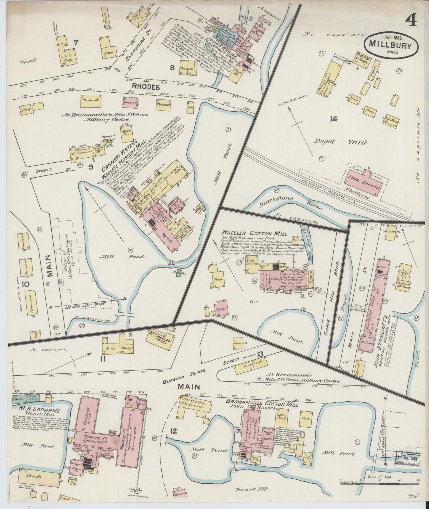 Sanborn Fire Insurance Map from Millbury, Worcester County, Massachusetts (1888), Sheet #0004 - Historic Sanborn Fire Insurance Map Print, vintage old map wall art, antique decor, genealogy gift, Massachusetts Massachusetts map