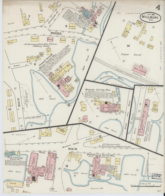Sanborn Fire Insurance Map from Millbury, Worcester County, Massachusetts (1888), Sheet #0004 - Historic Sanborn Fire Insurance Map Print, vintage old map wall art, antique decor, genealogy gift, Massachusetts Massachusetts map