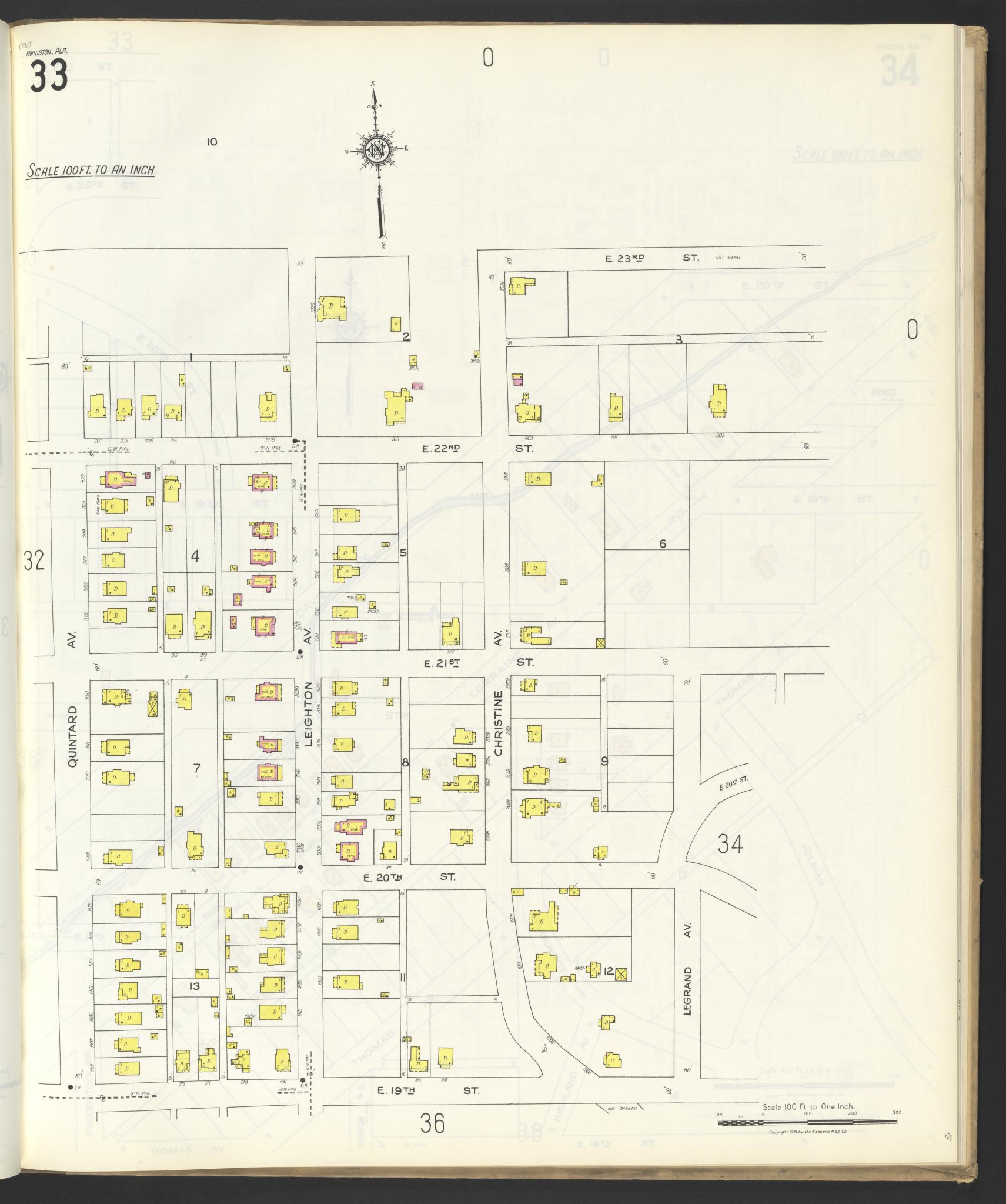 Sanborn Fire Insurance Map from Anniston, Calhoun County, Alabama (1925), Sheet #0033 - Historic Sanborn Fire Insurance Map Print, vintage old map wall art, antique decor, genealogy gift, Alabama Alabama map