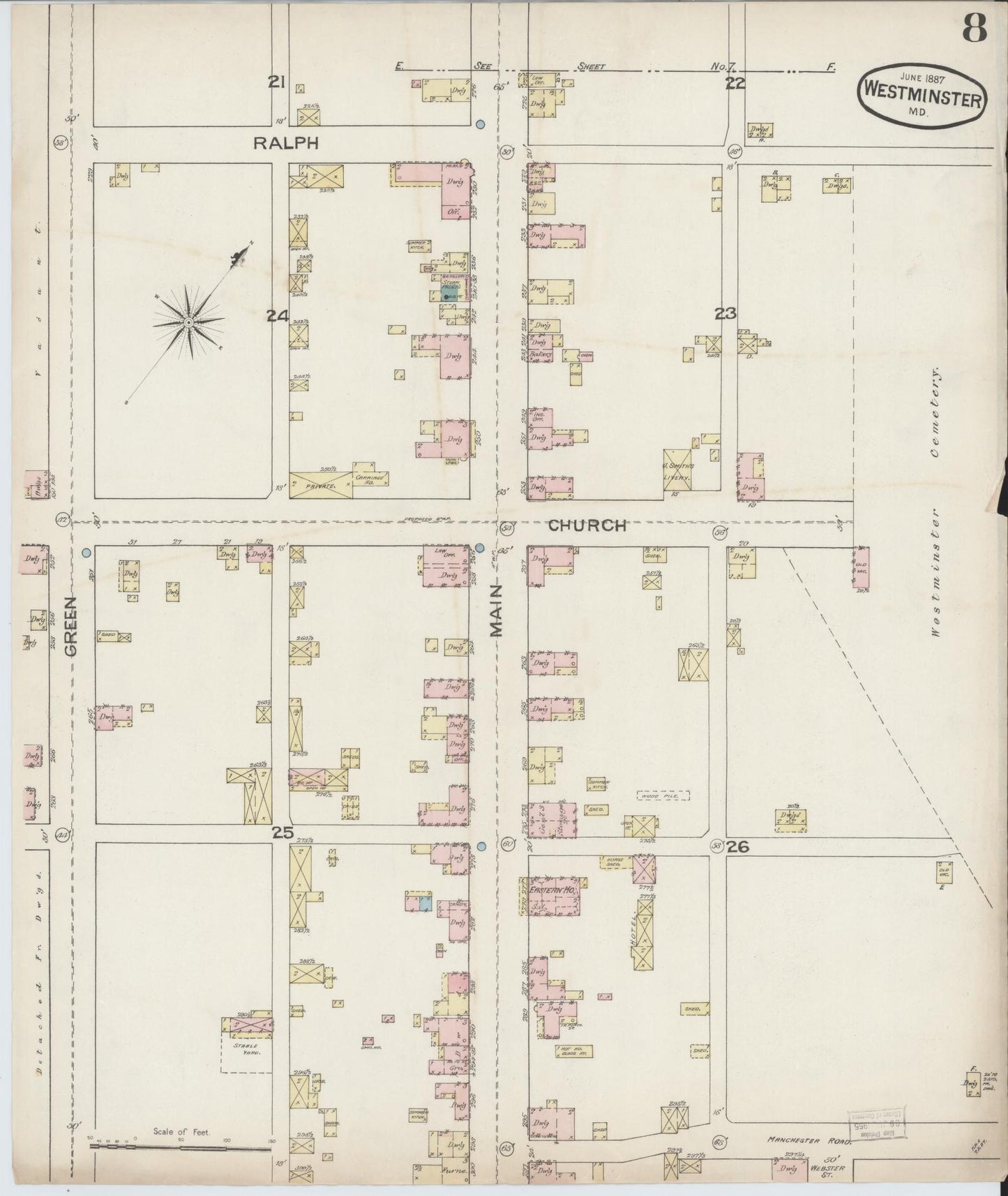 Sanborn Fire Insurance Map from Westminster, Carroll County, Maryland (1887), Sheet #0008 - Historic Sanborn Fire Insurance Map Print, vintage old map wall art, antique decor, genealogy gift, Maryland Maryland map