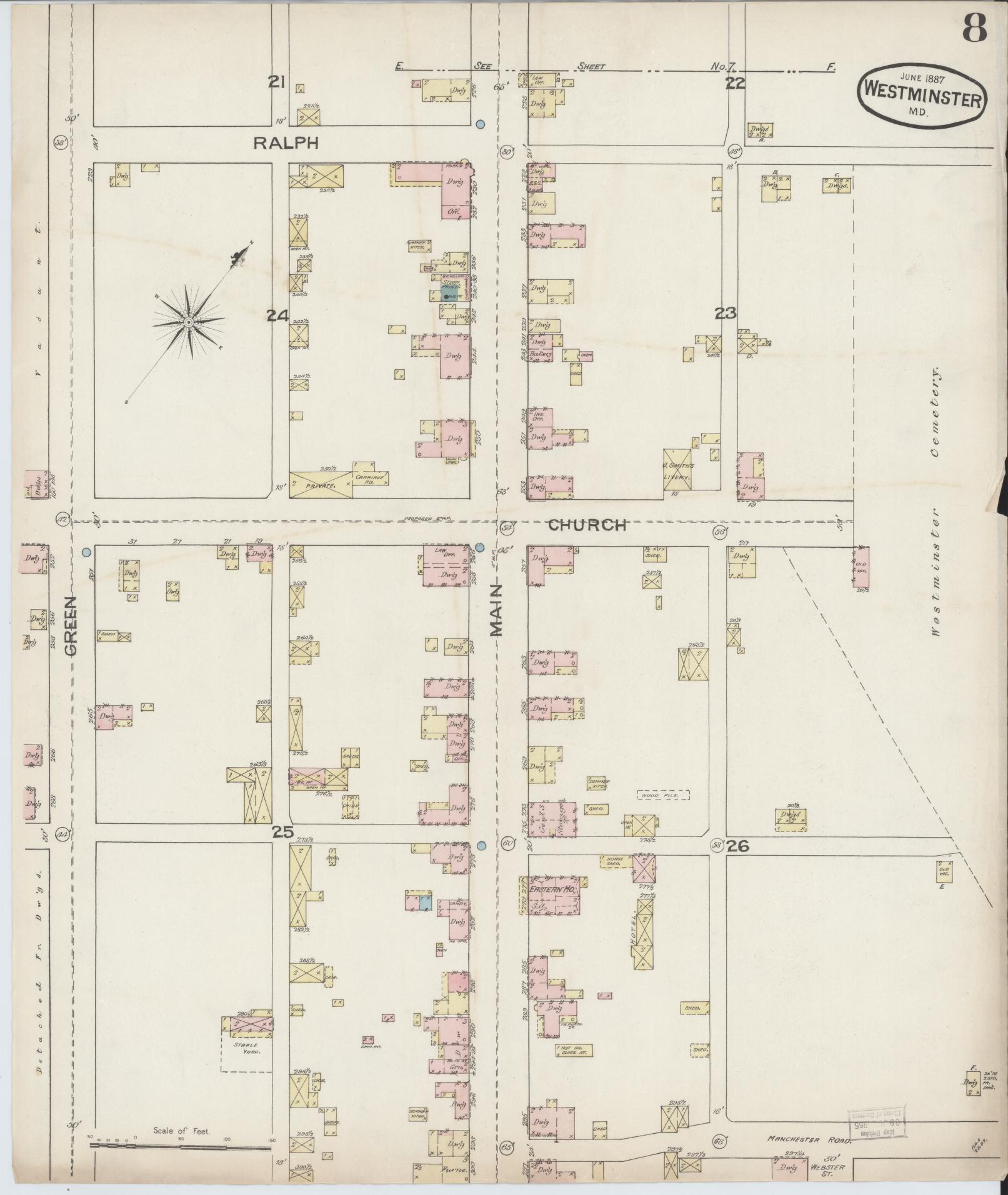 Sanborn Fire Insurance Map from Westminster, Carroll County, Maryland (1887), Sheet #0008 - Historic Sanborn Fire Insurance Map Print, vintage old map wall art, antique decor, genealogy gift, Maryland Maryland map
