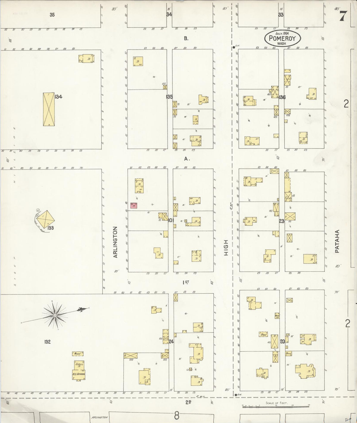 Sanborn Fire Insurance Map from Pomeroy, Garfield County, Washington (1904), Sheet #0007 - Historic Sanborn Fire Insurance Map Print, vintage old map wall art, antique decor, genealogy gift, Washington Washington map