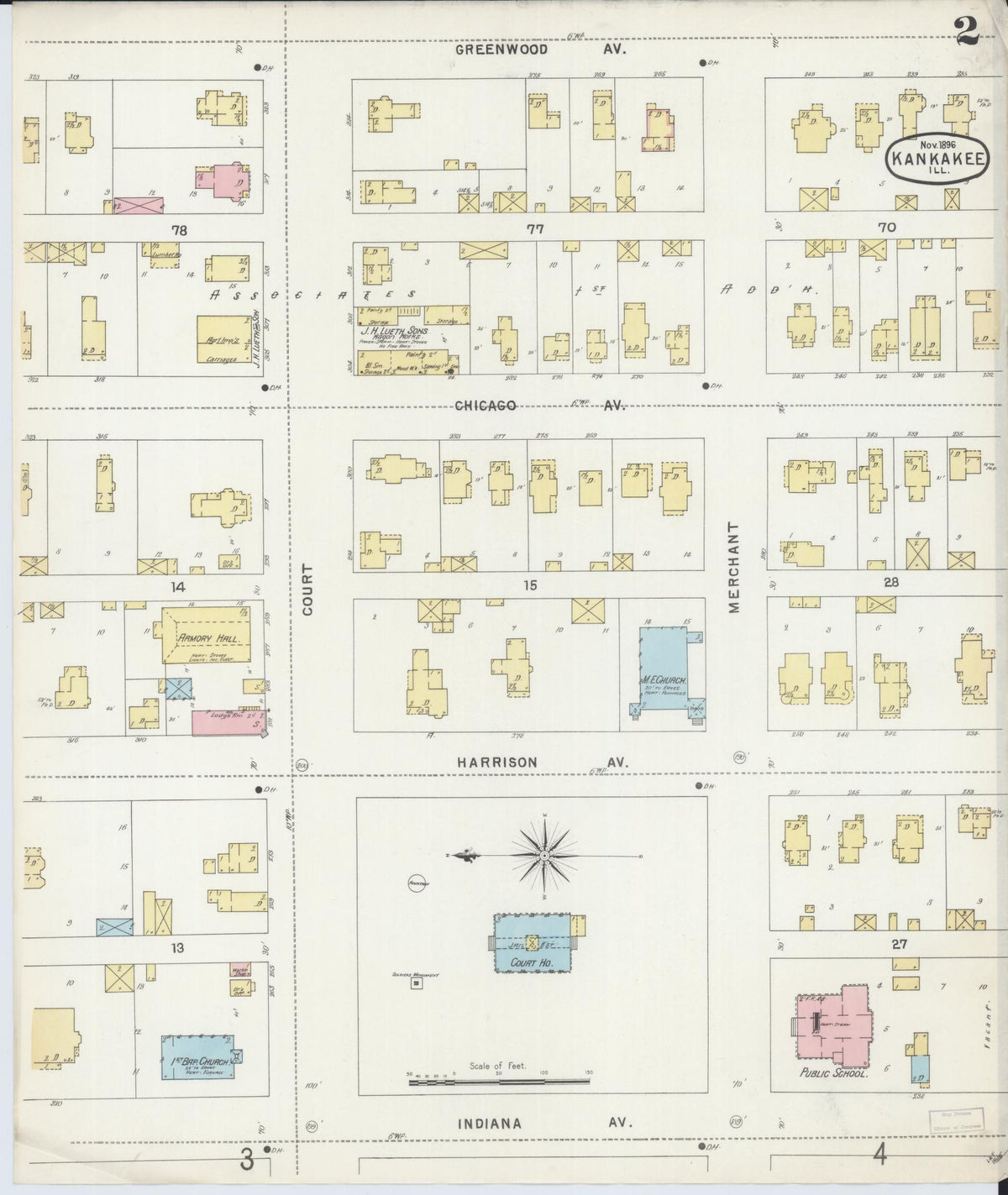 Sanborn Fire Insurance Map from Kankakee, Kankakee County, Illinois (1896), Sheet #0002 - Complete Map Set gallery image, historic Sanborn map, vintage wall art, Illinois Illinois