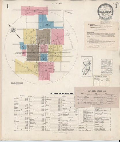 Sanborn Fire Insurance Map from Hammonton, Atlantic County, New Jersey (1944), Sheet #0001 - Historic Sanborn Fire Insurance Map Print, vintage old map wall art, antique decor, genealogy gift, New Jersey New Jersey map