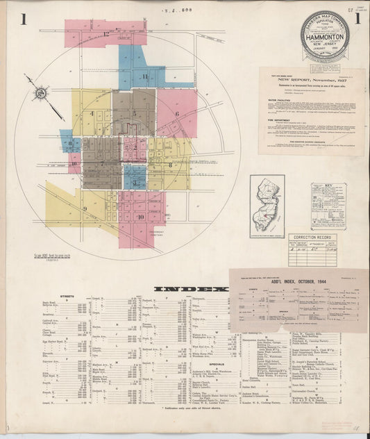 Sanborn Fire Insurance Map from Hammonton, Atlantic County, New Jersey (1944), Sheet #0001 - Historic Sanborn Fire Insurance Map Print, vintage old map wall art, antique decor, genealogy gift, New Jersey New Jersey map