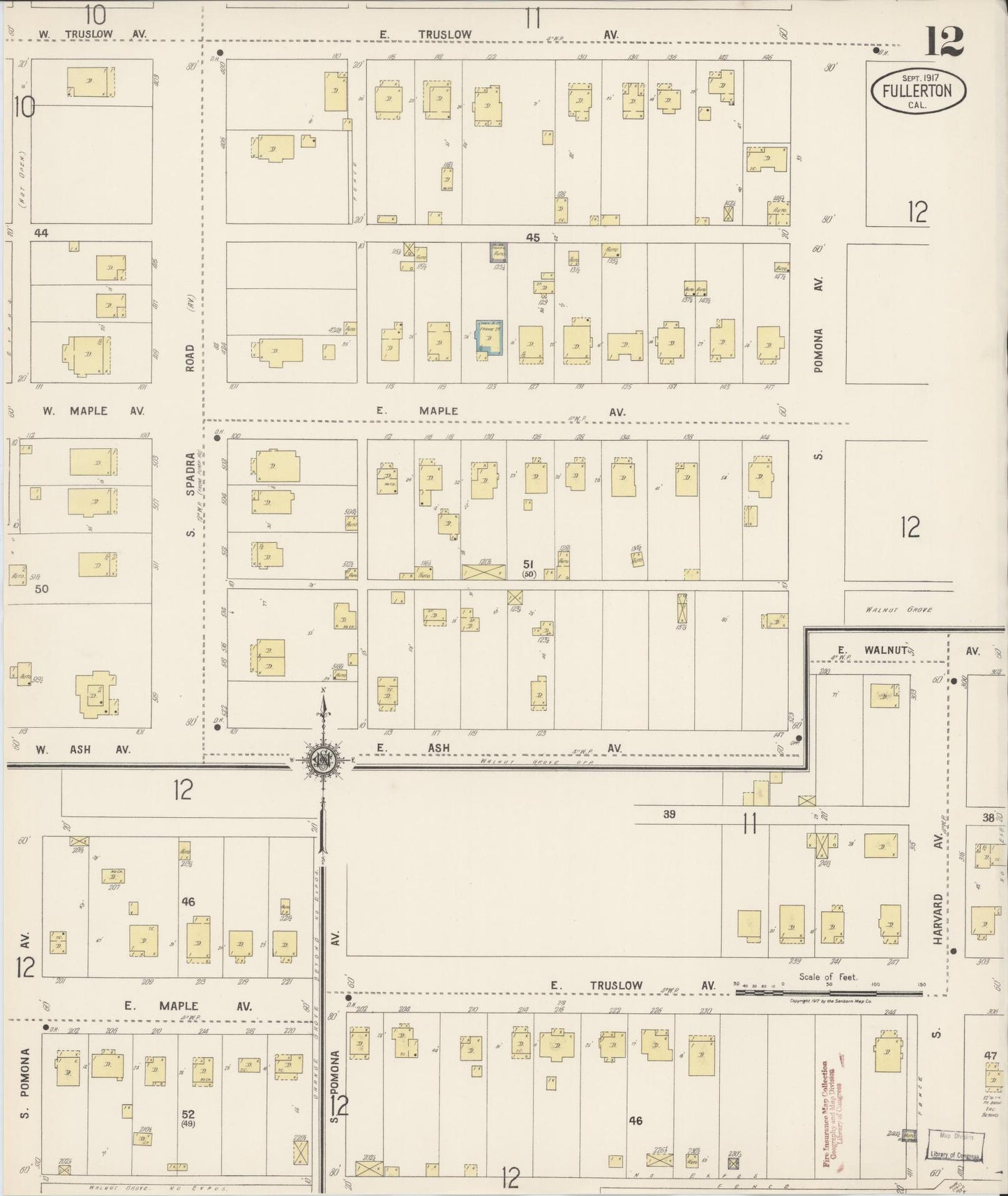 Sanborn Fire Insurance Map from Fullerton, Orange County, California (1917), Sheet #0012 - Historic Sanborn Fire Insurance Map Print, vintage old map wall art, antique decor, genealogy gift, California California map
