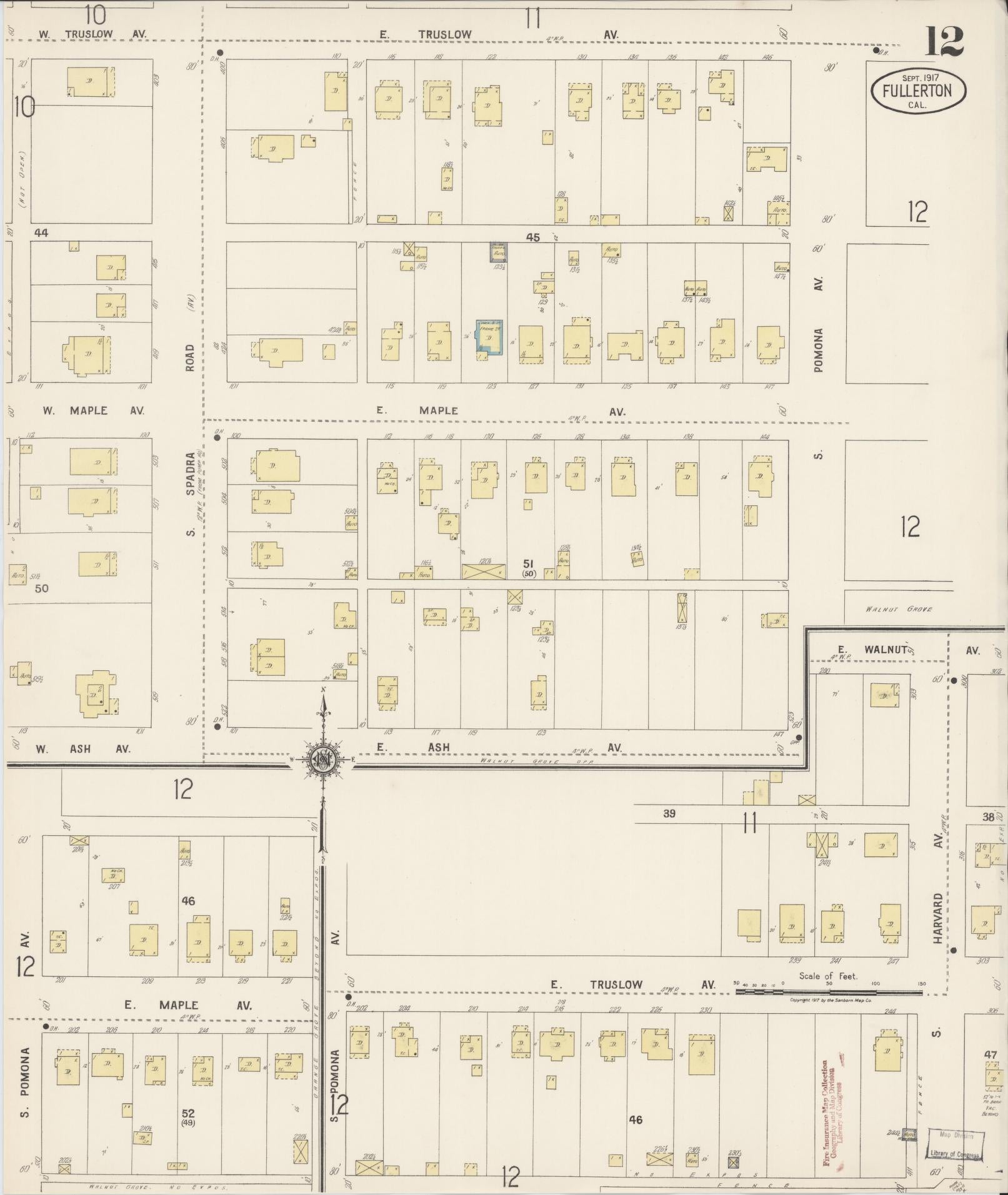 Sanborn Fire Insurance Map from Fullerton, Orange County, California (1917), Sheet #0012 - Historic Sanborn Fire Insurance Map Print, vintage old map wall art, antique decor, genealogy gift, California California map