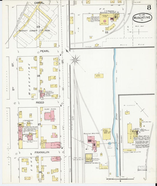 Sanborn Fire Insurance Map from Muscatine, Musactine County, Iowa (1892), Sheet #0008 - Historic Sanborn Fire Insurance Map Print, vintage old map wall art