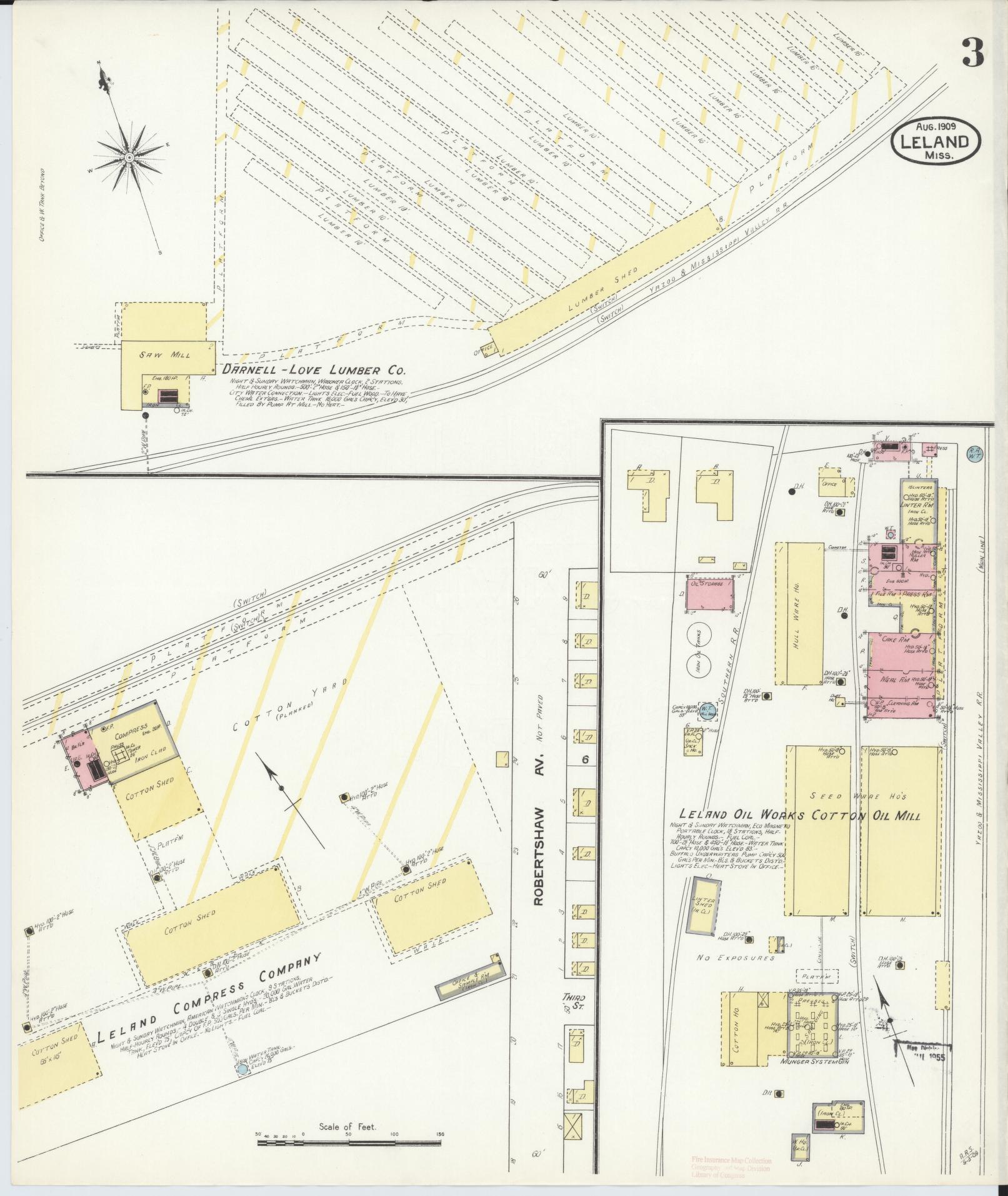Sanborn Fire Insurance Map from Leland, Washington County, Mississippi (1909), Sheet #0003 - Complete Map Set gallery image, historic Sanborn map, vintage wall art, Mississippi Mississippi