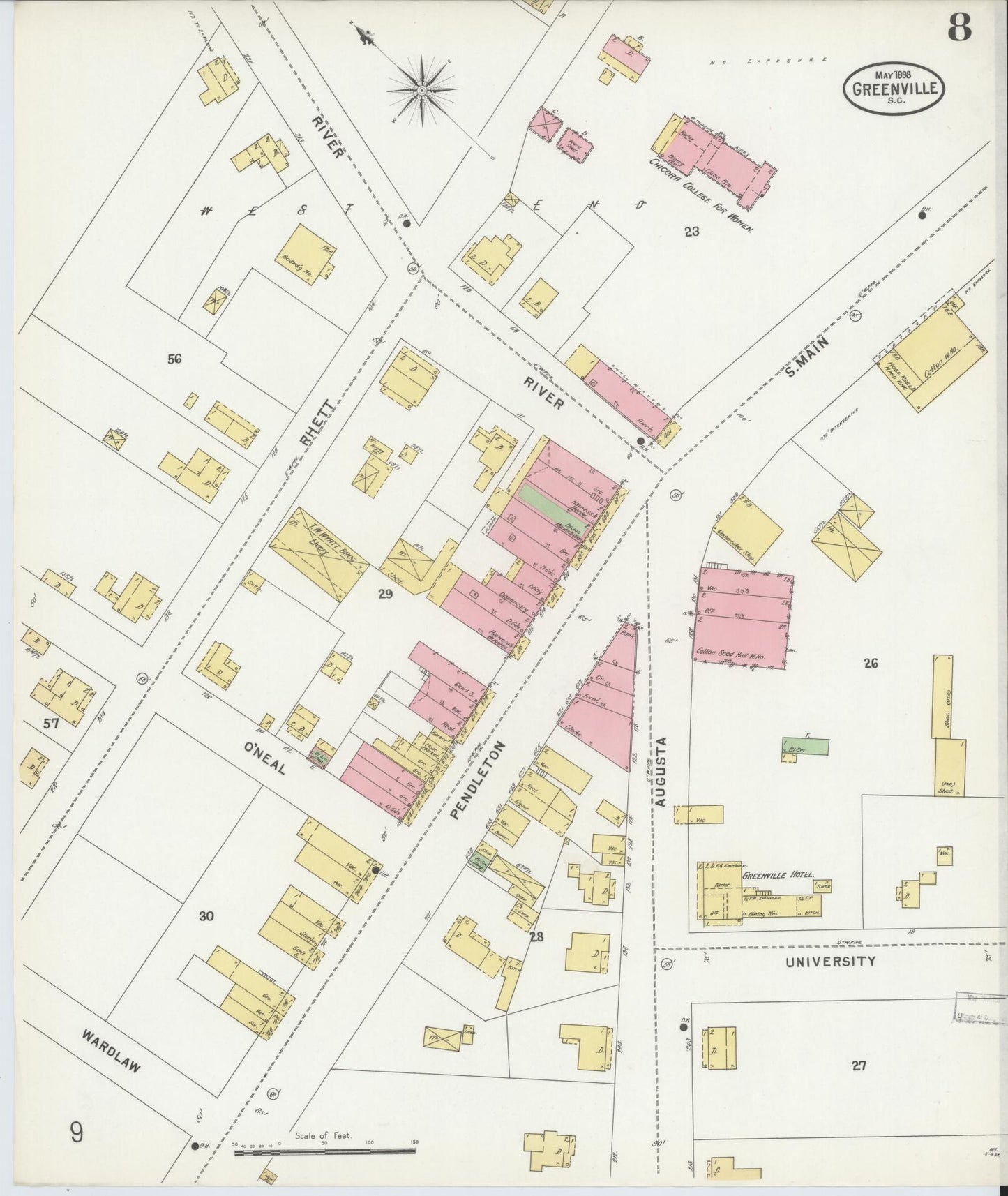 Sanborn Fire Insurance Map from Greenville, Greenville County, South Carolina (1898), Sheet #0008 - Historic Sanborn Fire Insurance Map Print, vintage old map wall art, antique decor, genealogy gift, South Carolina South Carolina map