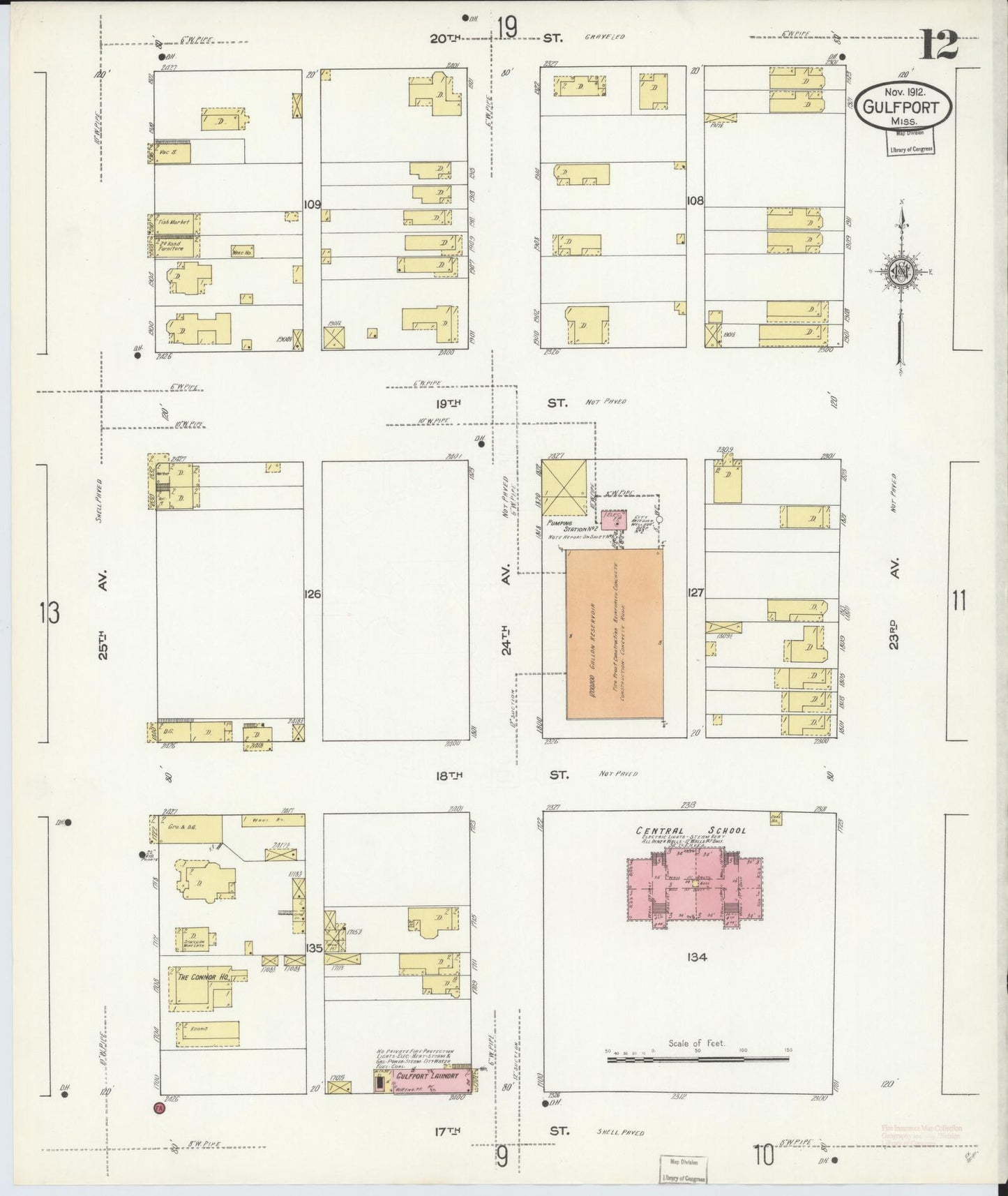 Sanborn Fire Insurance Map from Gulfport, Harrison County, Mississippi (1912), Sheet #0012 - Complete Map Set gallery image, historic Sanborn map, vintage wall art, Mississippi Mississippi