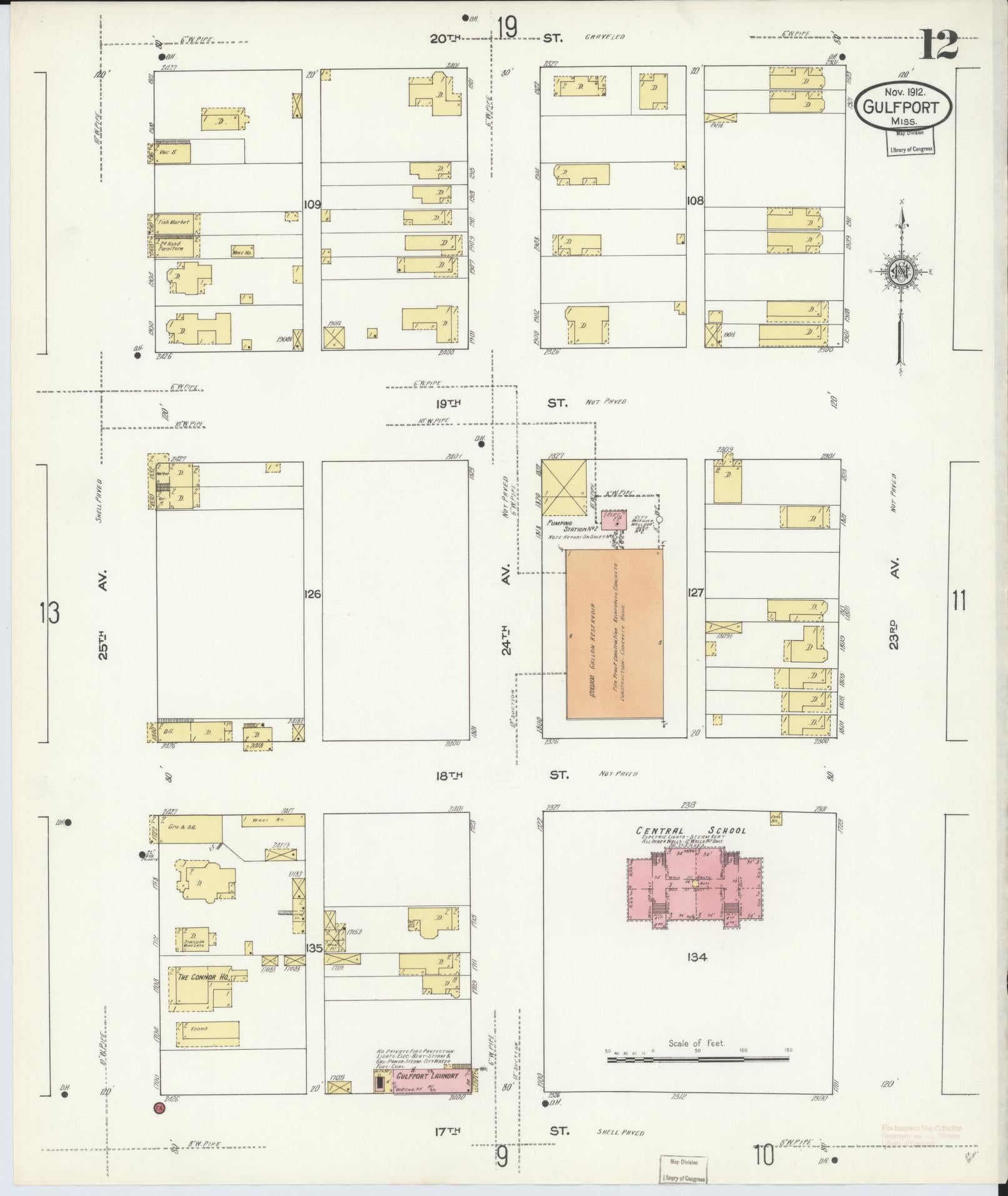 Sanborn Fire Insurance Map from Gulfport, Harrison County, Mississippi (1912), Sheet #0012 - Complete Map Set gallery image, historic Sanborn map, vintage wall art, Mississippi Mississippi
