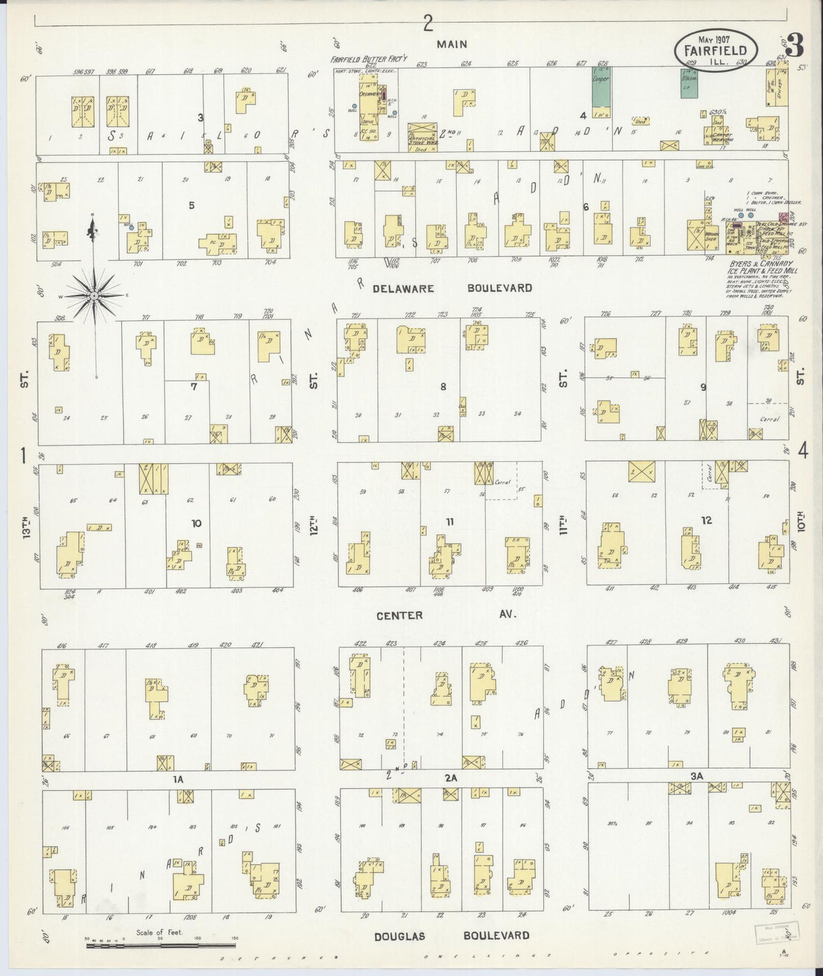 Sanborn Fire Insurance Map from Fairfield, Wayne County, Illinois (1907), Sheet #0003 - Complete Map Set gallery image, historic Sanborn map, vintage wall art, Illinois Illinois