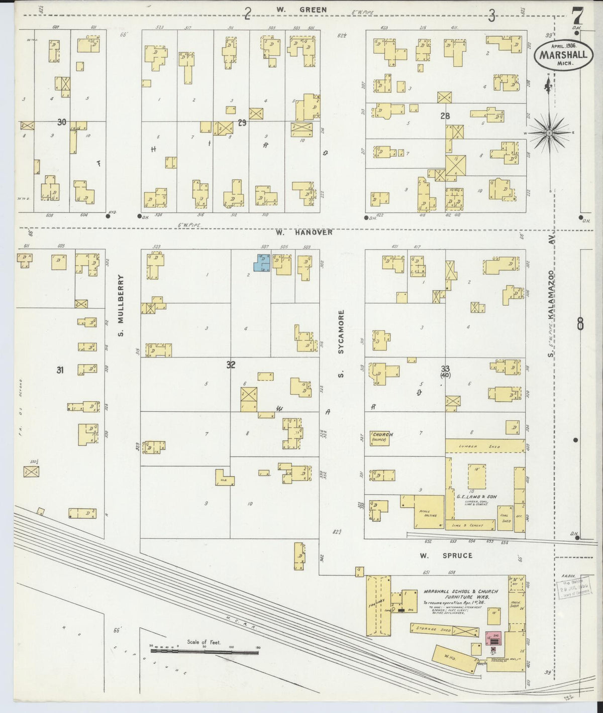 Sanborn Fire Insurance Map from Marshall, Calhoun County, Michigan (1906), Sheet #0007 - Historic Sanborn Fire Insurance Map Print, vintage old map wall art, antique decor, genealogy gift, Michigan Michigan map