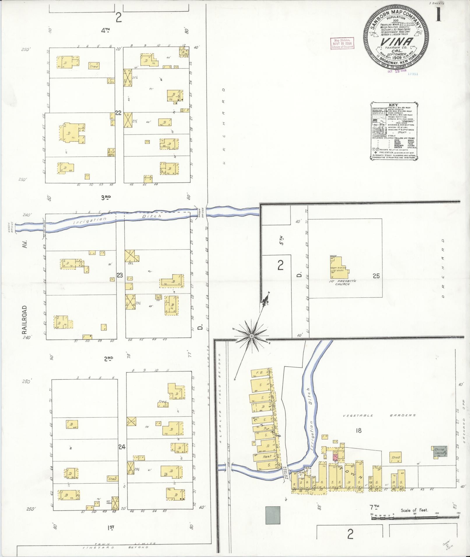 Sanborn Fire Insurance Map from Vina, Tehama County, California (1909), Sheet #0001 - Complete Map Set gallery image, historic Sanborn map, vintage wall art, California California