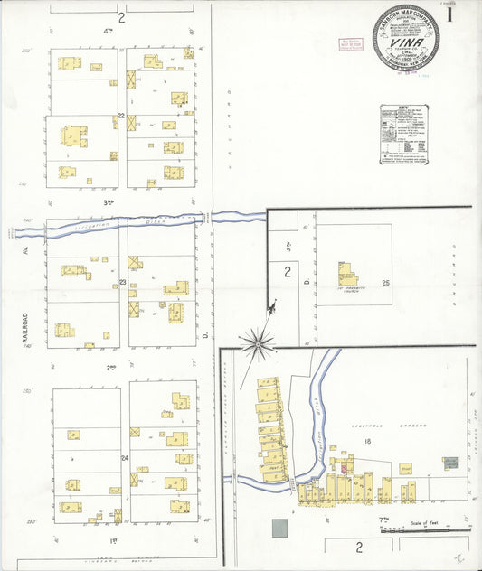 Sanborn Fire Insurance Map from Vina, Tehama County, California (1909), Sheet #0001 - Complete Map Set gallery image, historic Sanborn map, vintage wall art, California California