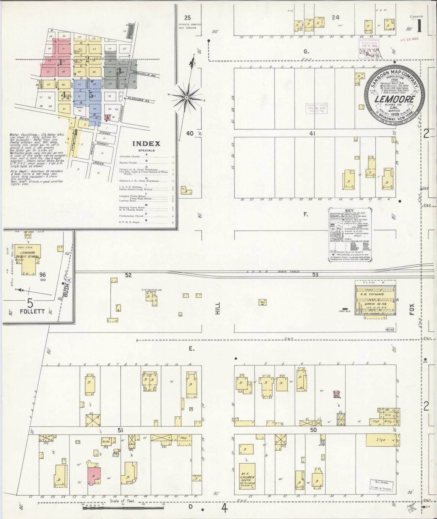 Sanborn Fire Insurance Map from Lemoore, Kings County, California (1909), Sheet #0001 - Complete Map Set gallery image, historic Sanborn map, vintage wall art, California California