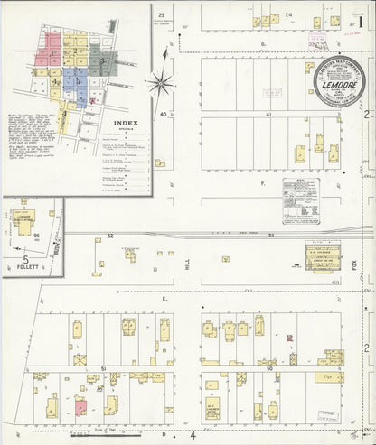 Sanborn Fire Insurance Map from Lemoore, Kings County, California (1909), Sheet #0001 - Complete Map Set gallery image, historic Sanborn map, vintage wall art, California California