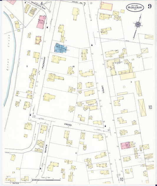 Sanborn Fire Insurance Map from Middlebury, Addison County, Vermont (1910), Sheet #0009 - Historic Sanborn Fire Insurance Map Print, vintage old map wall art, antique decor, genealogy gift, Vermont Vermont map