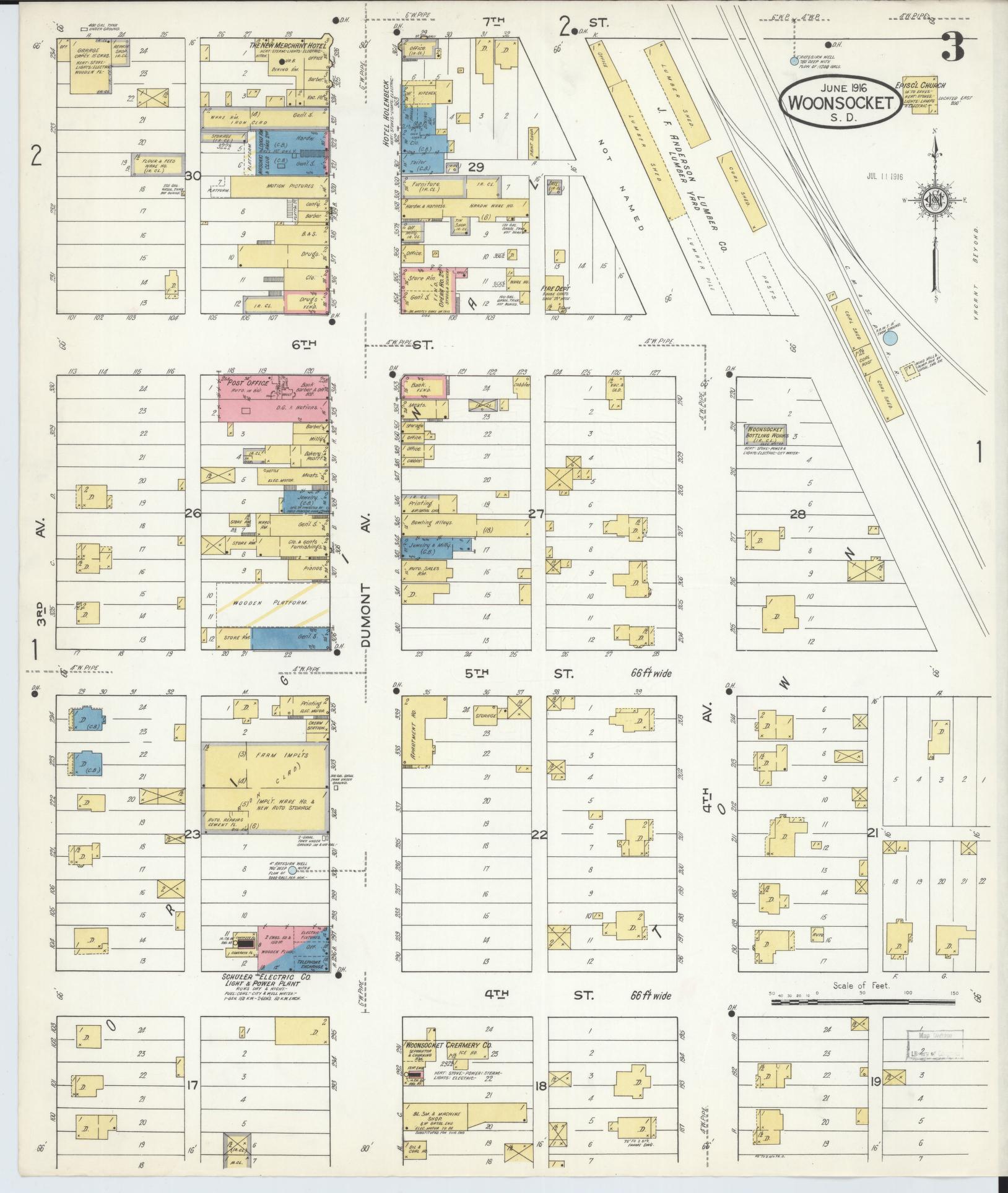 Sanborn Fire Insurance Map from Woonsocket, Sanborn County, South Dakota (1916), Sheet #0003 - Historic Sanborn Fire Insurance Map Print, vintage old map wall art, antique decor, genealogy gift, South Dakota South Dakota map