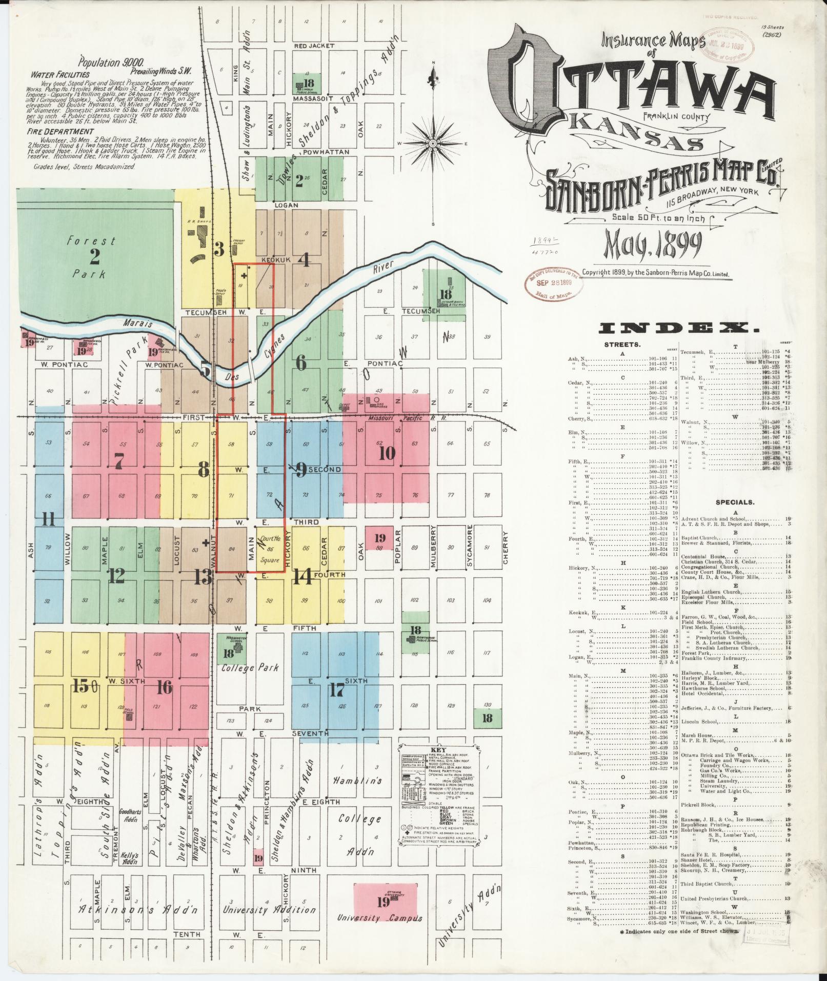 Sanborn Fire Insurance Map from Ottawa, Franklin County, Kansas (1899), Sheet #0001 - Complete Map Set gallery image, historic Sanborn map, vintage wall art, Kansas Kansas
