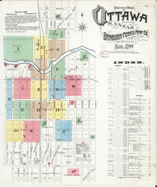 Sanborn Fire Insurance Map from Ottawa, Franklin County, Kansas (1899), Sheet #0001 - Complete Map Set gallery image, historic Sanborn map, vintage wall art, Kansas Kansas