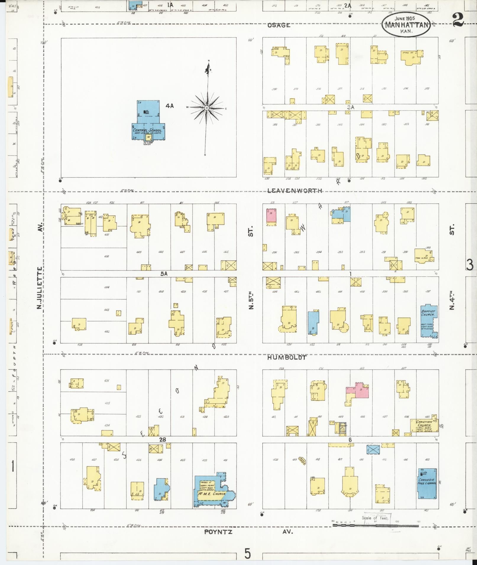 Sanborn Fire Insurance Map from Manhattan, Riley County, Kansas (1905), Sheet #0002 - Historic Sanborn Fire Insurance Map Print, vintage old map wall art, antique decor, genealogy gift, Kansas Kansas map