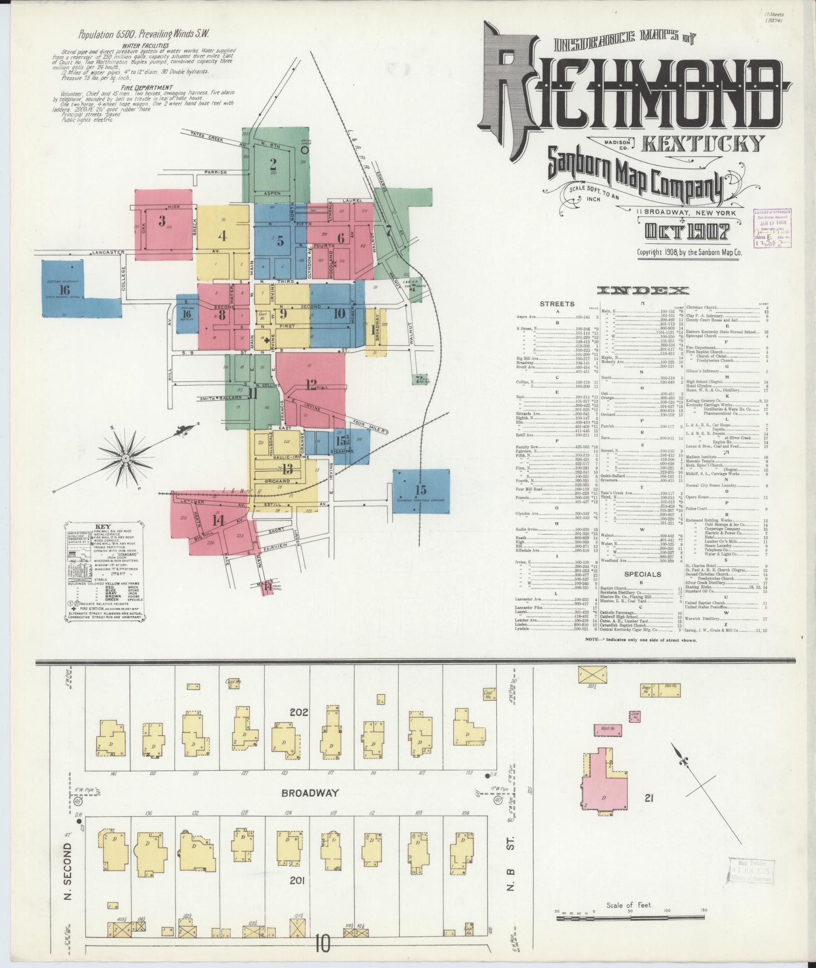 Sanborn Fire Insurance Map from Richmond, Madison County, Kentucky (1907), Sheet #0001 - Historic Sanborn Fire Insurance Map Print, vintage old map wall art, antique decor, genealogy gift, Kentucky Kentucky map