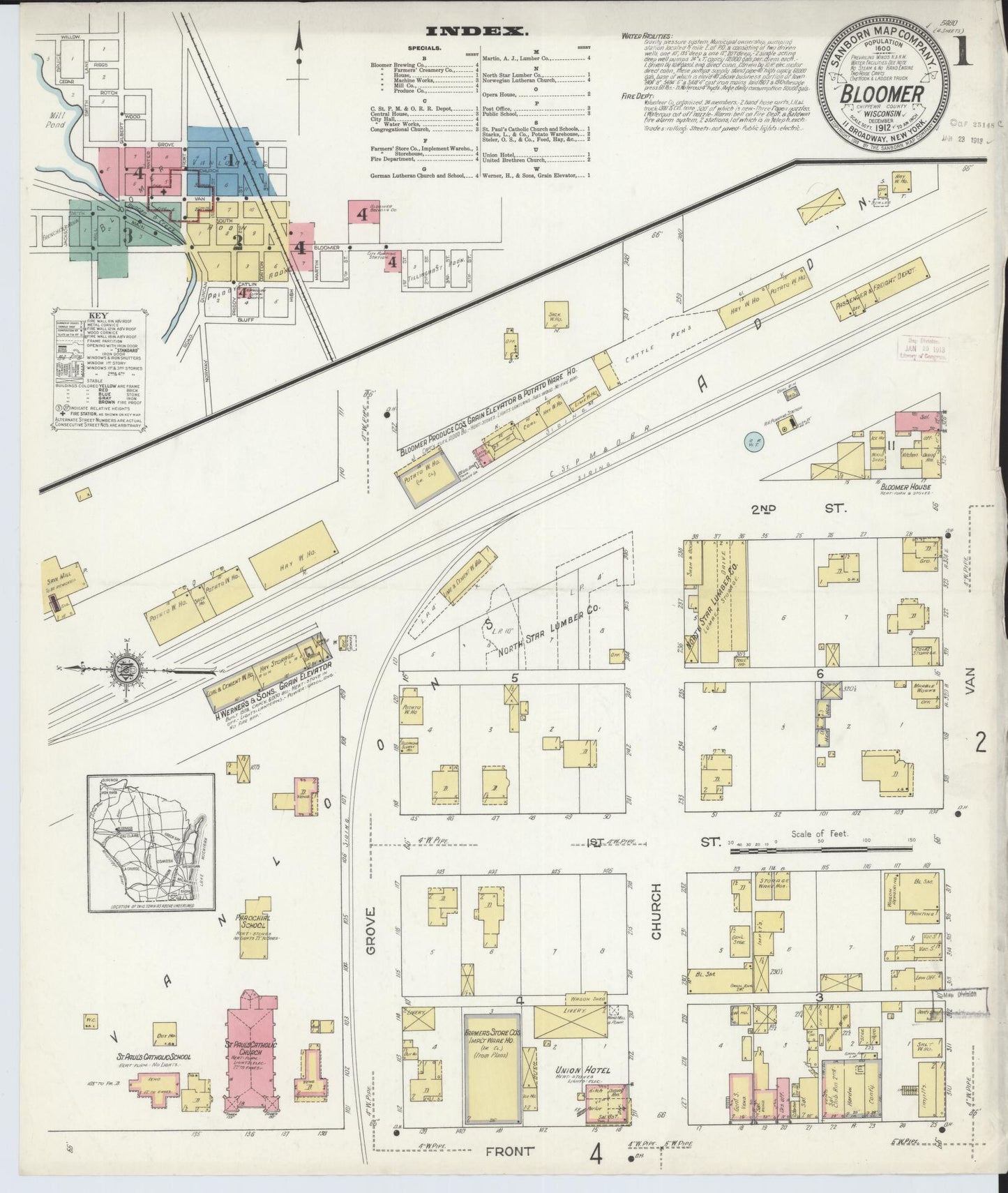 Sanborn Fire Insurance Map from Bloomer, Chippewa County, Wisconsin (1912), Sheet #0001 - Historic Sanborn Fire Insurance Map Print, vintage old map wall art, antique decor, genealogy gift, Wisconsin Wisconsin map