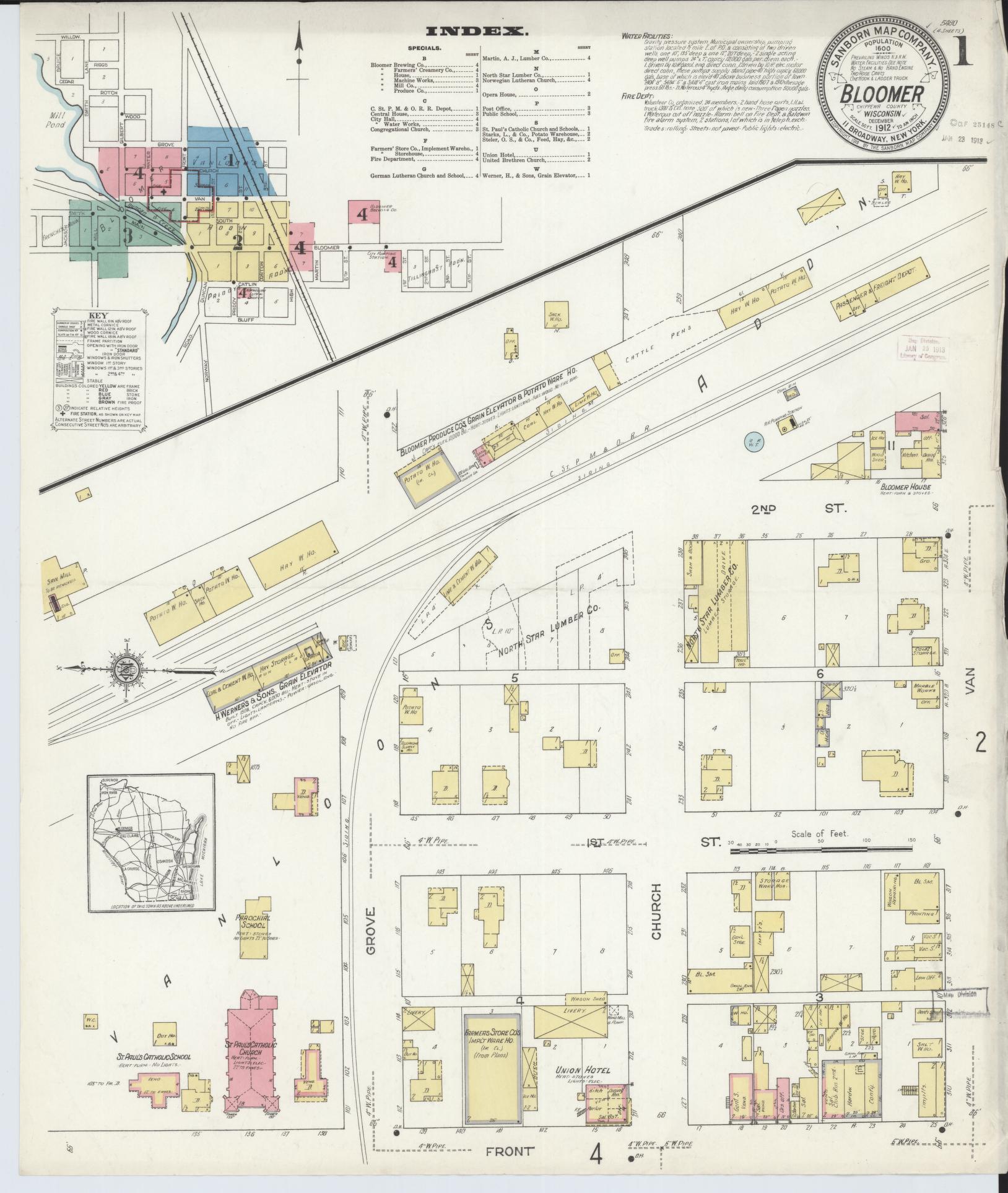 Sanborn Fire Insurance Map from Bloomer, Chippewa County, Wisconsin (1912), Sheet #0001 - Historic Sanborn Fire Insurance Map Print, vintage old map wall art, antique decor, genealogy gift, Wisconsin Wisconsin map