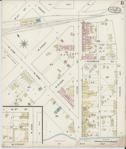 Sanborn Fire Insurance Map from Pueblo, Pueblo County, Colorado (1886), Sheet #0008 - Complete Map Set gallery image, historic Sanborn map, vintage wall art, Colorado Colorado