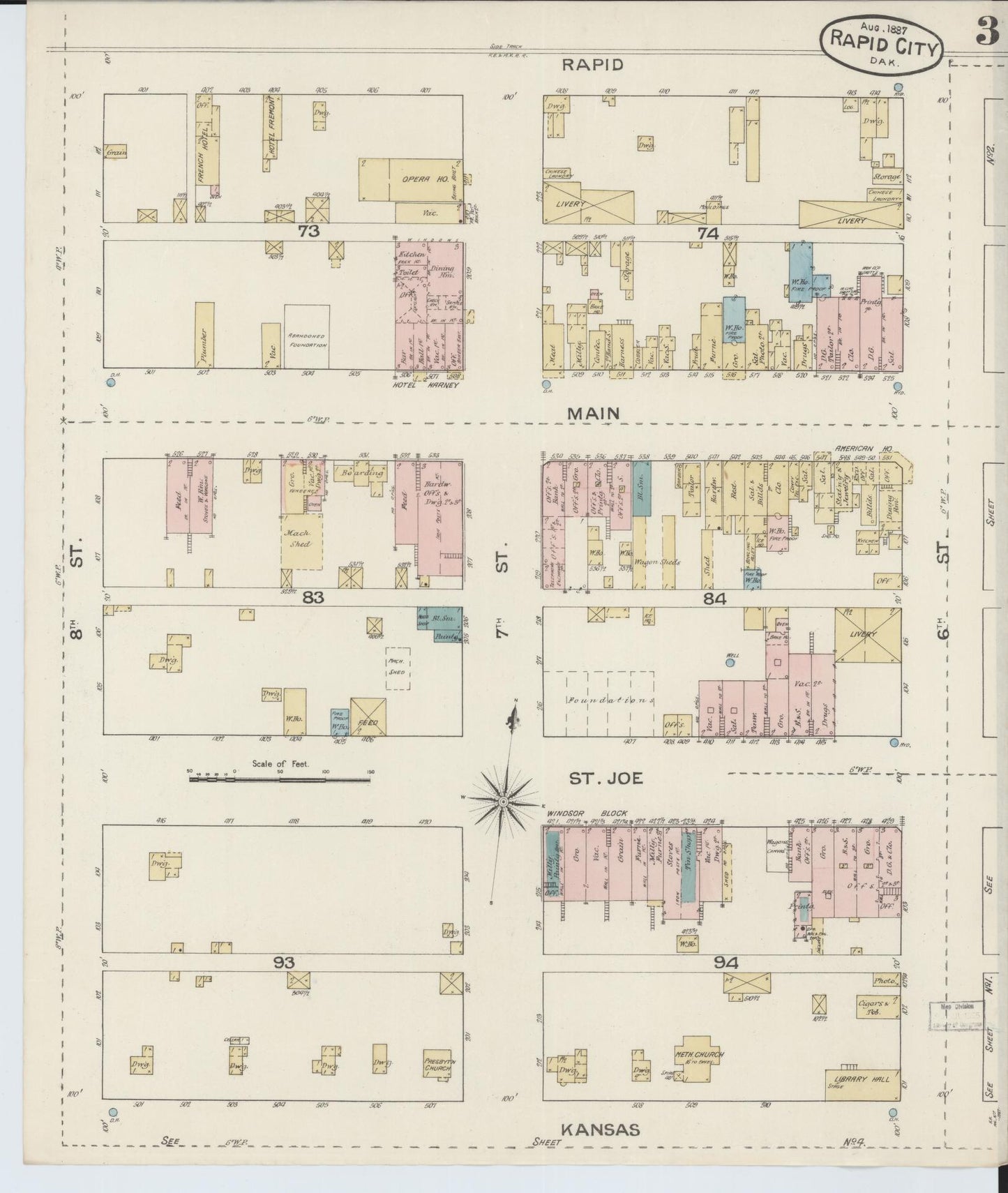 Sanborn Fire Insurance Map from Rapid City, Pennington County, South Dakota (1887), Sheet #0003 - Historic Sanborn Fire Insurance Map Print, vintage old map wall art, antique decor, genealogy gift, South Dakota South Dakota map