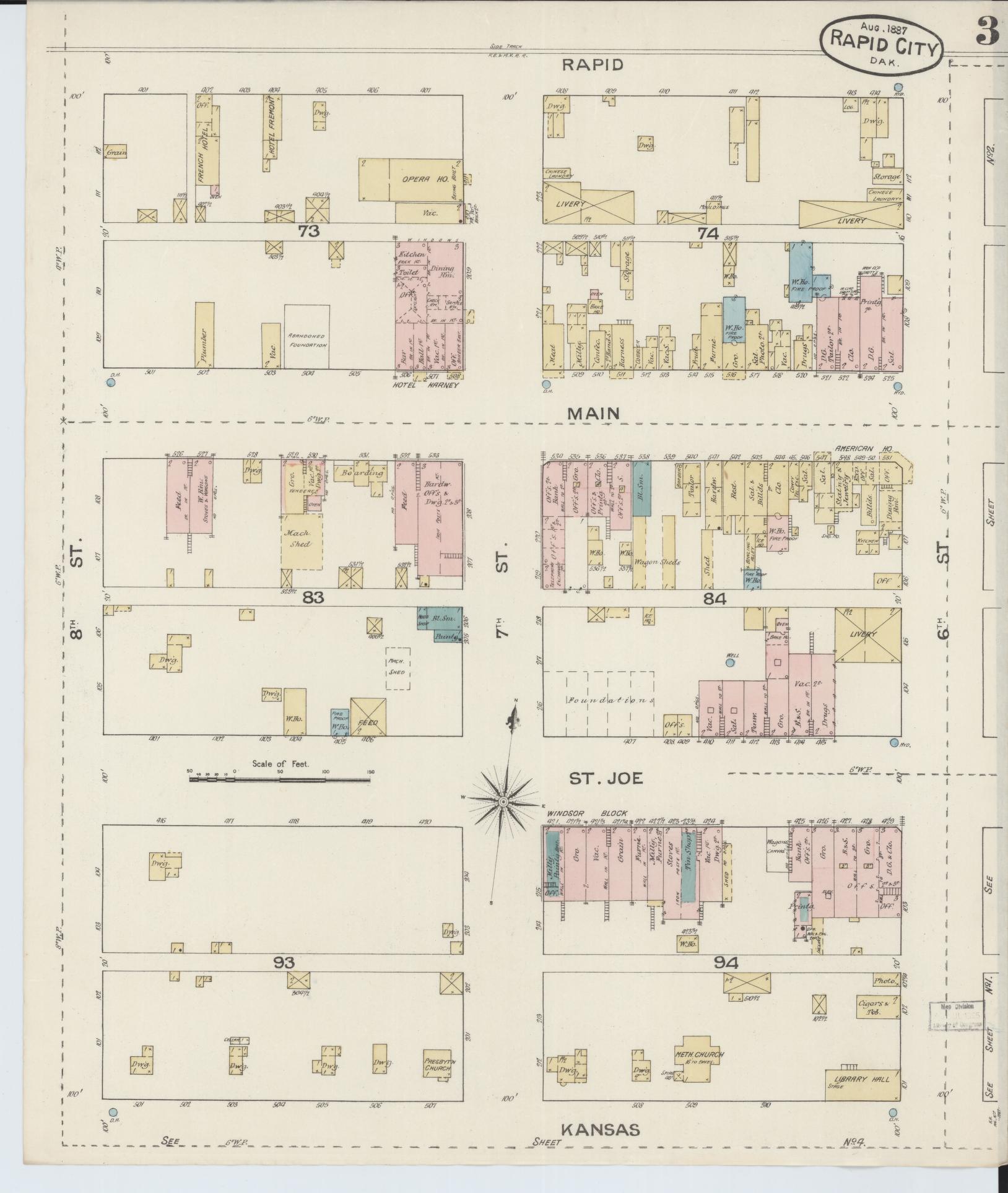 Sanborn Fire Insurance Map from Rapid City, Pennington County, South Dakota (1887), Sheet #0003 - Historic Sanborn Fire Insurance Map Print, vintage old map wall art, antique decor, genealogy gift, South Dakota South Dakota map
