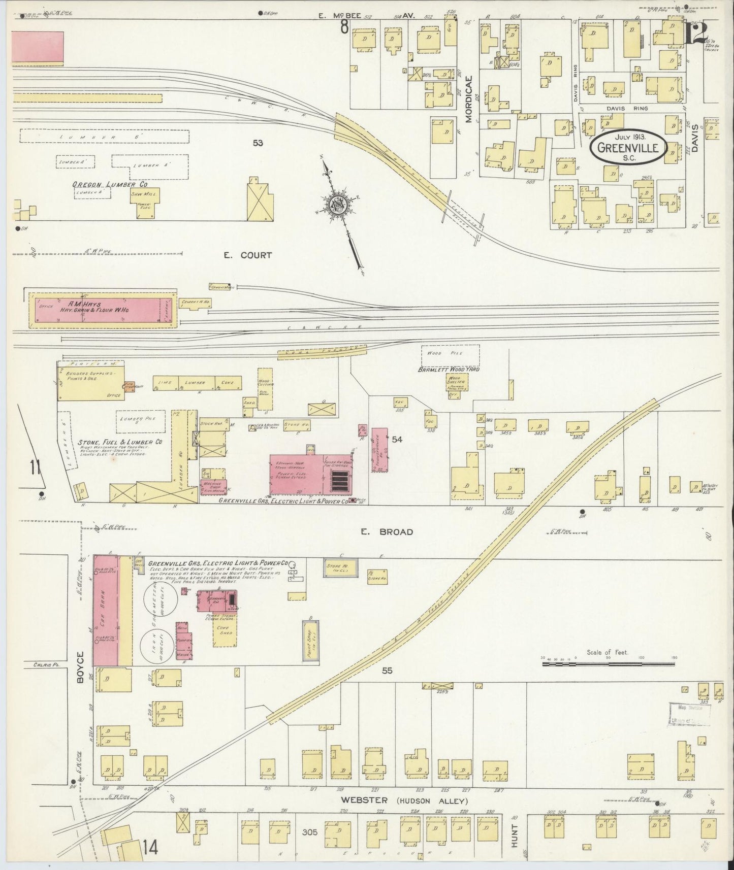 Sanborn Fire Insurance Map from Greenville, Greenville County, South Carolina (1913), Sheet #0012 - Historic Sanborn Fire Insurance Map Print, vintage old map wall art, antique decor, genealogy gift, South Carolina South Carolina map