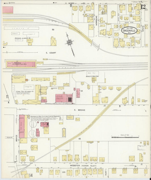 Sanborn Fire Insurance Map from Greenville, Greenville County, South Carolina (1913), Sheet #0012 - Historic Sanborn Fire Insurance Map Print, vintage old map wall art, antique decor, genealogy gift, South Carolina South Carolina map