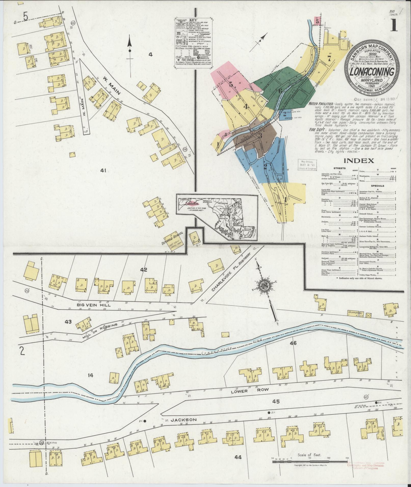 Sanborn Fire Insurance Map from Lonaconing, Allegany County, Maryland (1921), Sheet #0001 - Complete Map Set gallery image, historic Sanborn map, vintage wall art, Maryland Maryland