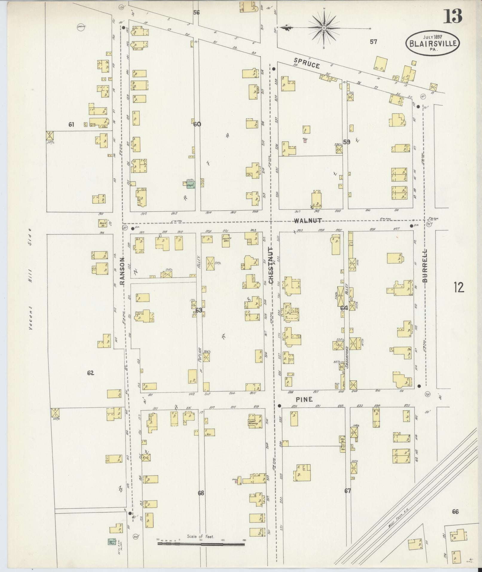 Sanborn Fire Insurance Map from Blairsville, Indiana County, Pennsylvania (1897), Sheet #0013 - Historic Sanborn Fire Insurance Map Print, vintage old map wall art, antique decor, genealogy gift, Pennsylvania Pennsylvania map