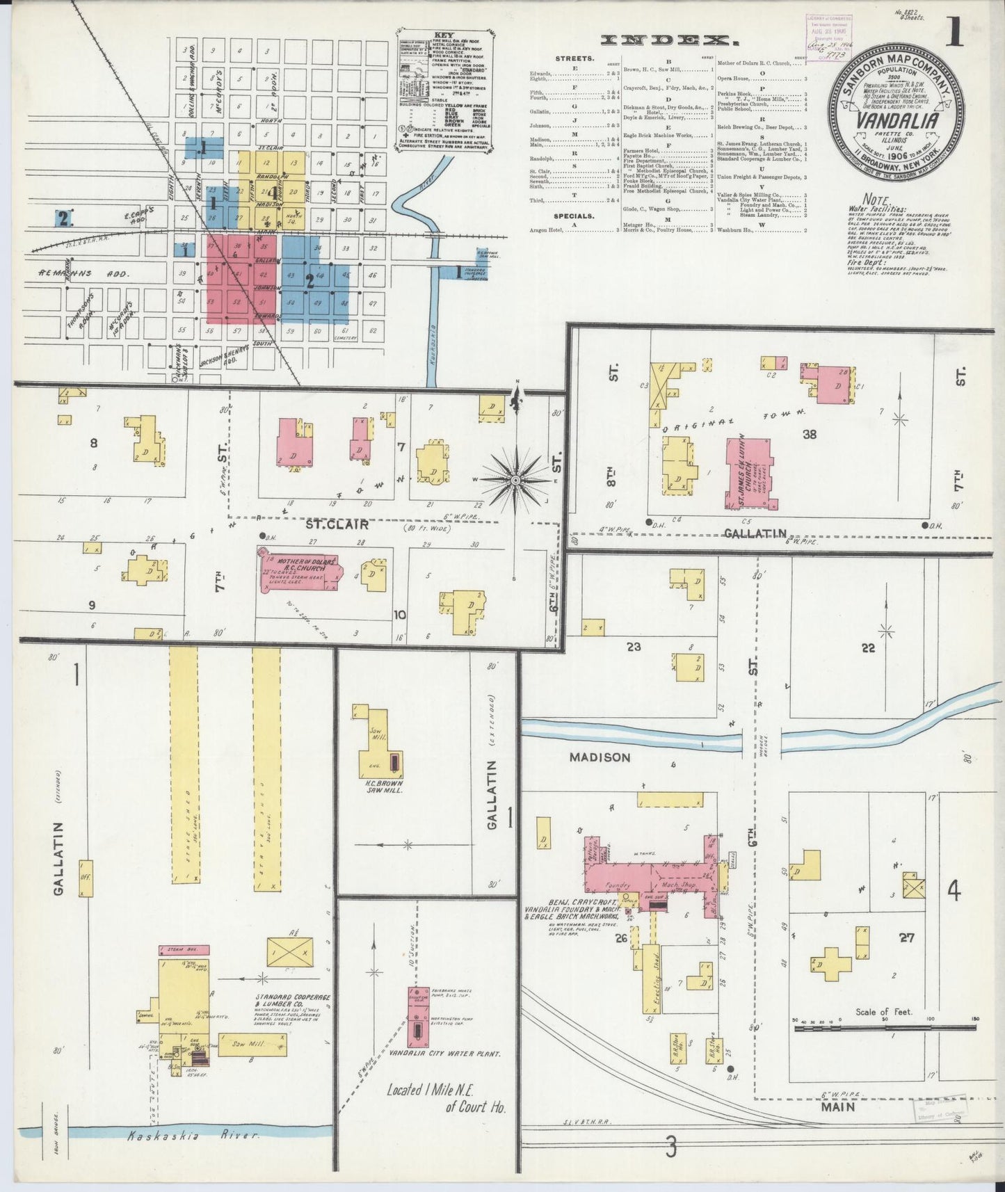 Sanborn Fire Insurance Map from Vandalia, Fayette County, Illinois (1906), Sheet #0001 - Complete Map Set gallery image, historic Sanborn map, vintage wall art, Illinois Illinois