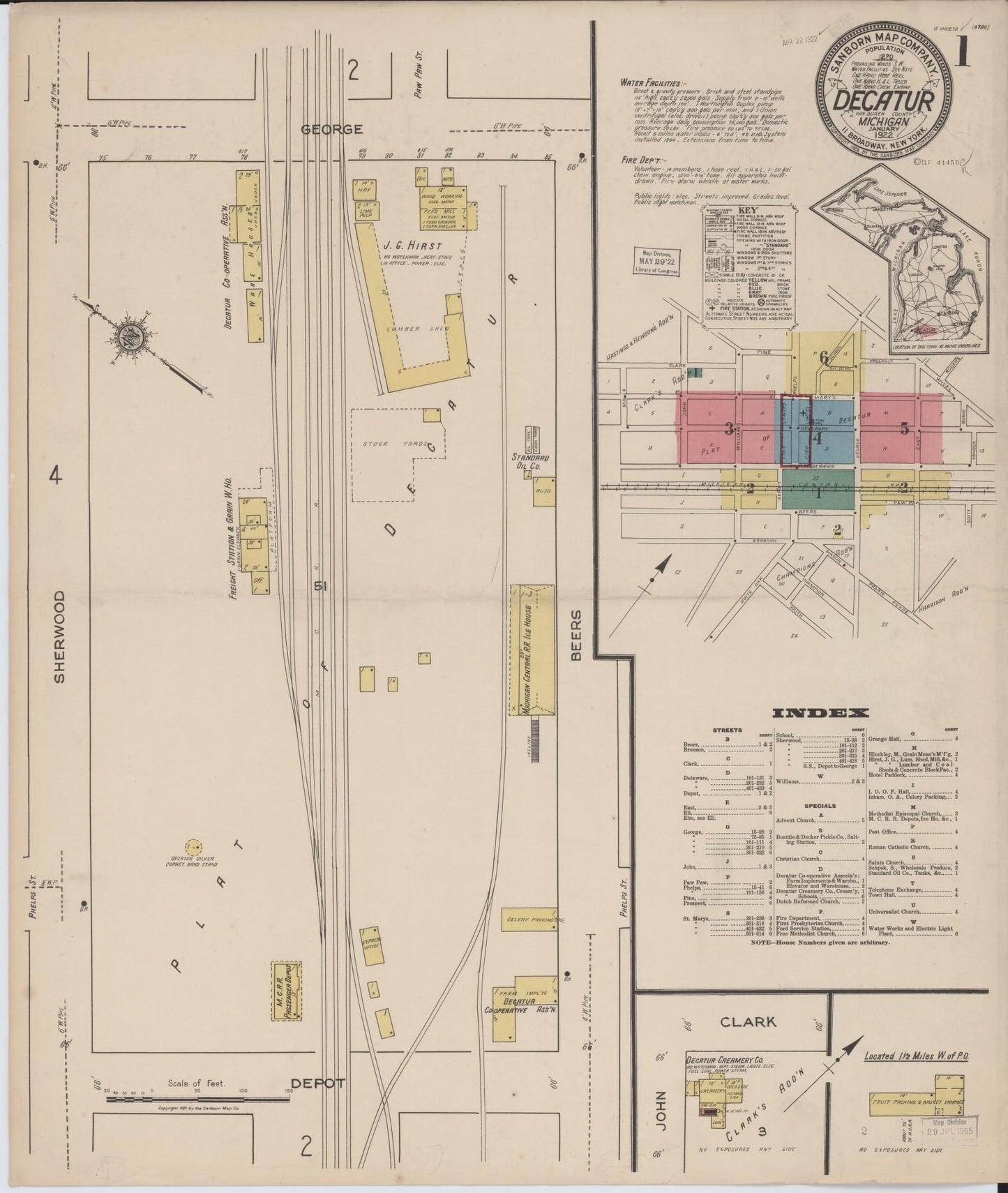 Sanborn Fire Insurance Map from Decatur, Van Buren County, Michigan (1922), Sheet #0001 - Historic Sanborn Fire Insurance Map Print, vintage old map wall art, antique decor, genealogy gift, Michigan Michigan map