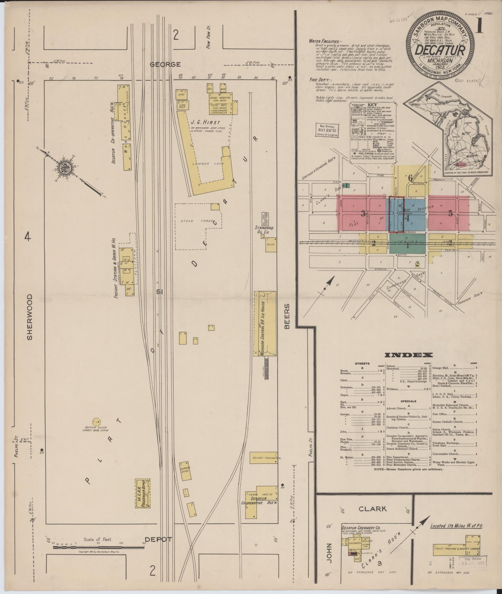 Sanborn Fire Insurance Map from Decatur, Van Buren County, Michigan (1922), Sheet #0001 - Historic Sanborn Fire Insurance Map Print, vintage old map wall art, antique decor, genealogy gift, Michigan Michigan map