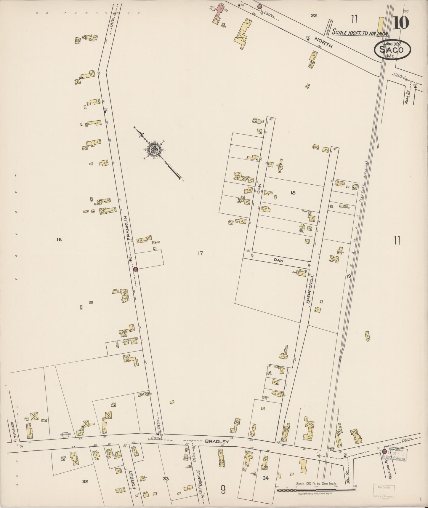 Sanborn Fire Insurance Map from Saco, York County, Maine (1922), Sheet #0010 - Historic Sanborn Fire Insurance Map Print, vintage old map wall art, antique decor, genealogy gift, Maine Maine map