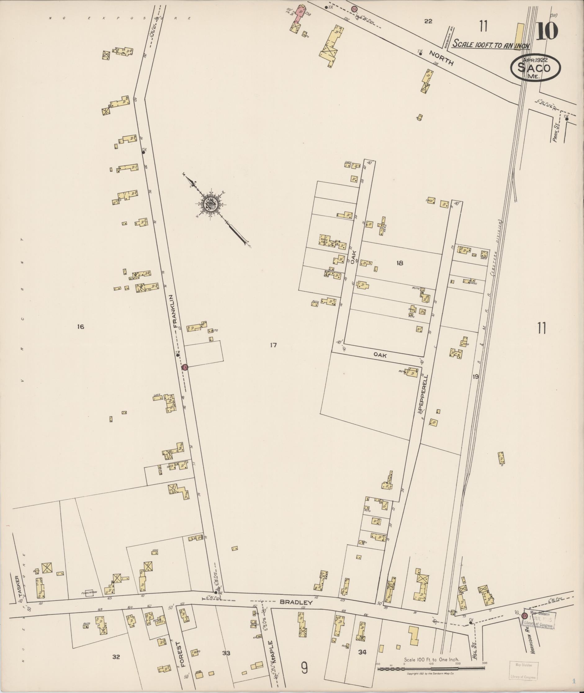 Sanborn Fire Insurance Map from Saco, York County, Maine (1922), Sheet #0010 - Historic Sanborn Fire Insurance Map Print, vintage old map wall art, antique decor, genealogy gift, Maine Maine map