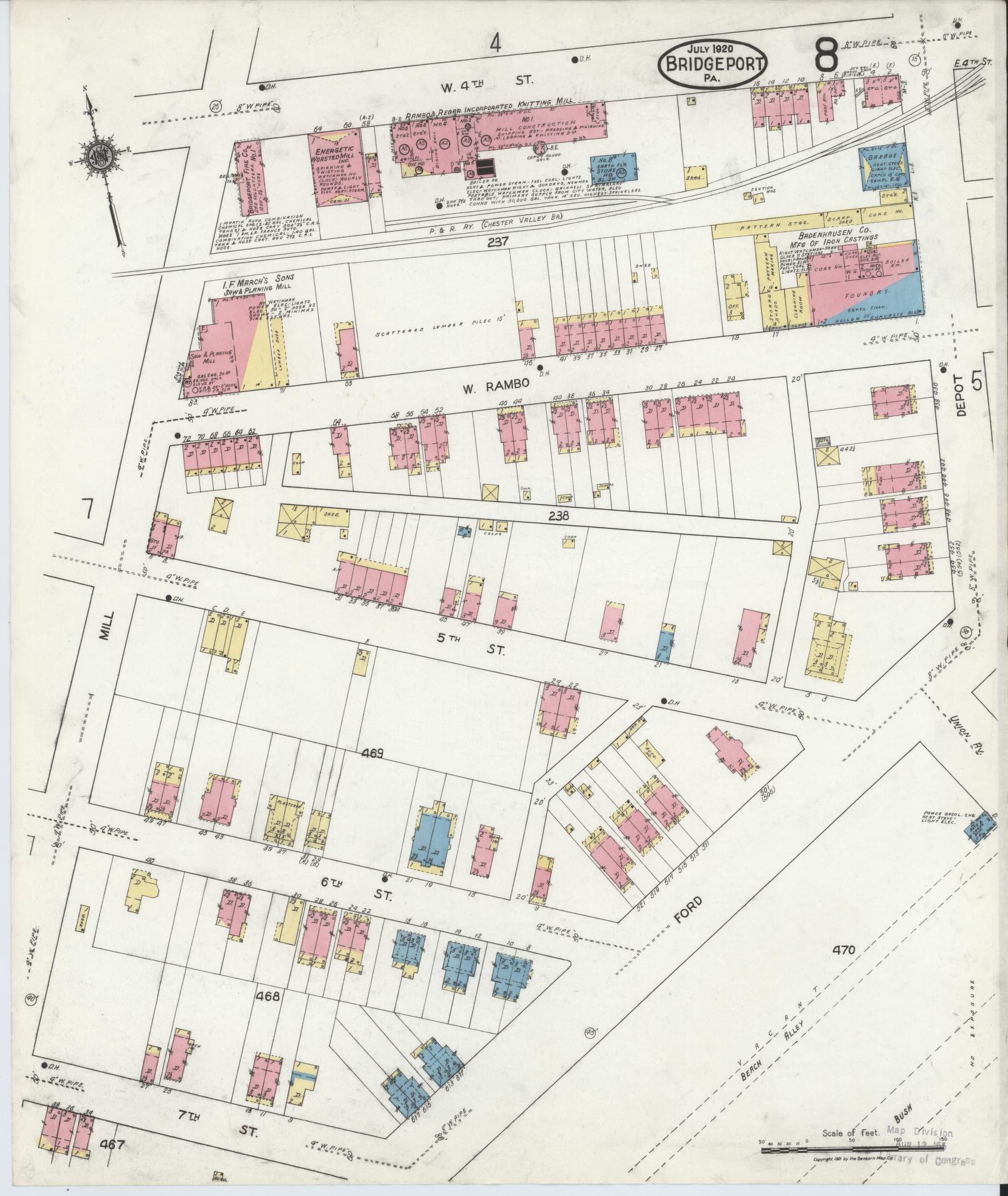 Sanborn Fire Insurance Map from Bridgeport, Montgomery County, Pennsylvania (1920), Sheet #0008 - Historic Sanborn Fire Insurance Map Print, vintage old map wall art, antique decor, genealogy gift, Pennsylvania Pennsylvania map