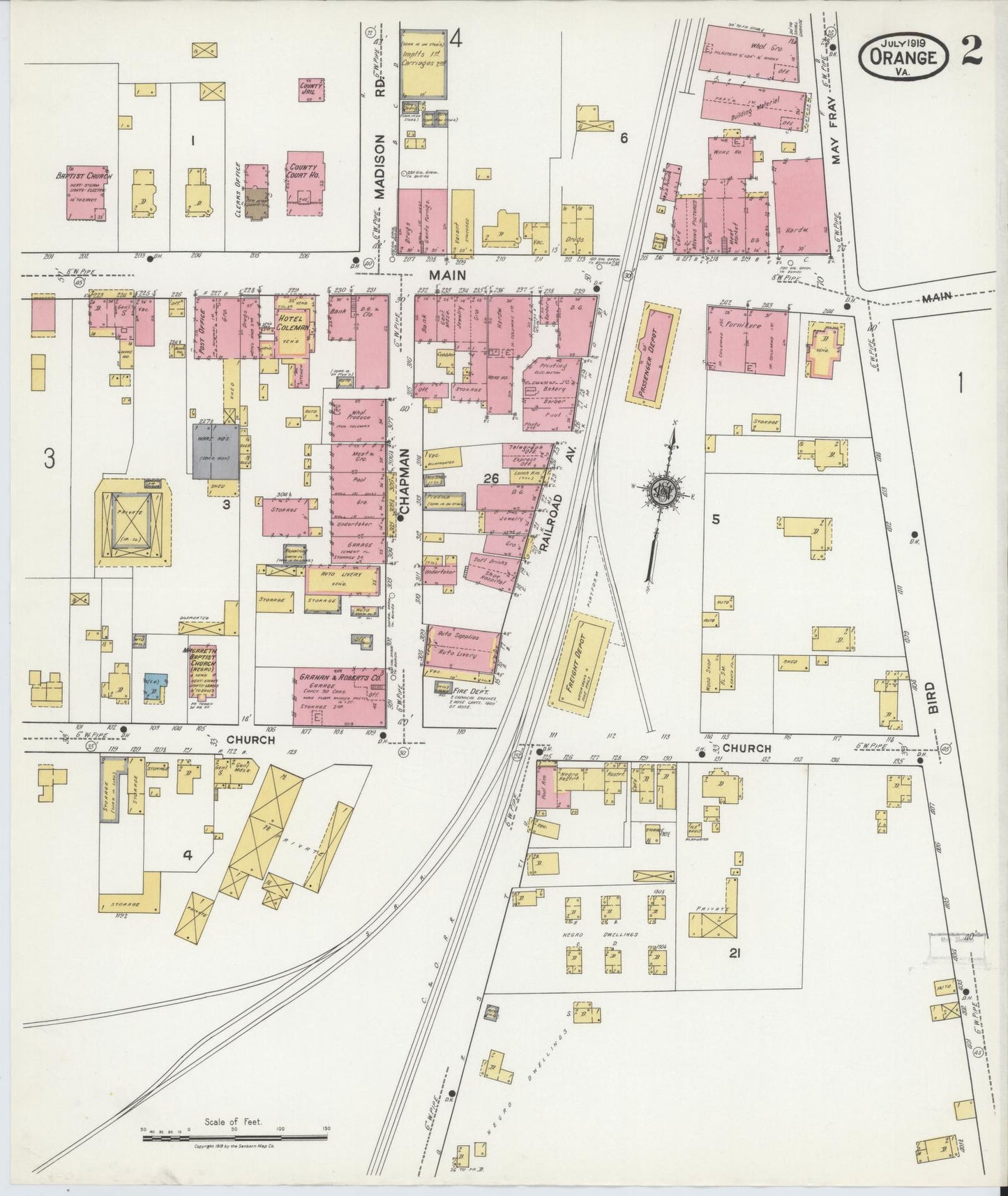 Sanborn Fire Insurance Map from Orange, Orange County, Virginia (1919), Sheet #0002 - Historic Sanborn Fire Insurance Map Print, vintage old map wall art, antique decor, genealogy gift, Virginia Virginia map