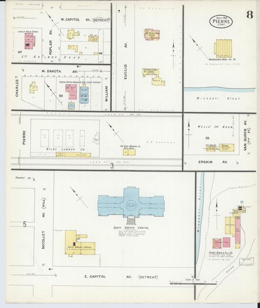 Sanborn Fire Insurance Map from Pierre, Hughes County, South Dakota (1908), Sheet #0008 - Historic Sanborn Fire Insurance Map Print, vintage old map wall art, antique decor, genealogy gift, South Dakota South Dakota map